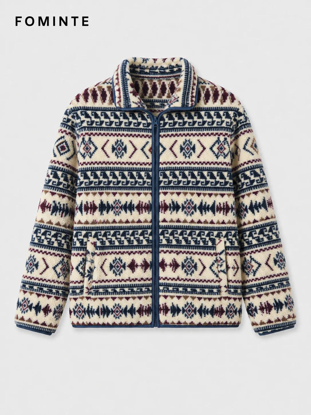 Stand-Collar Full-Zip Fair Isle Geometric Fleece Jacket