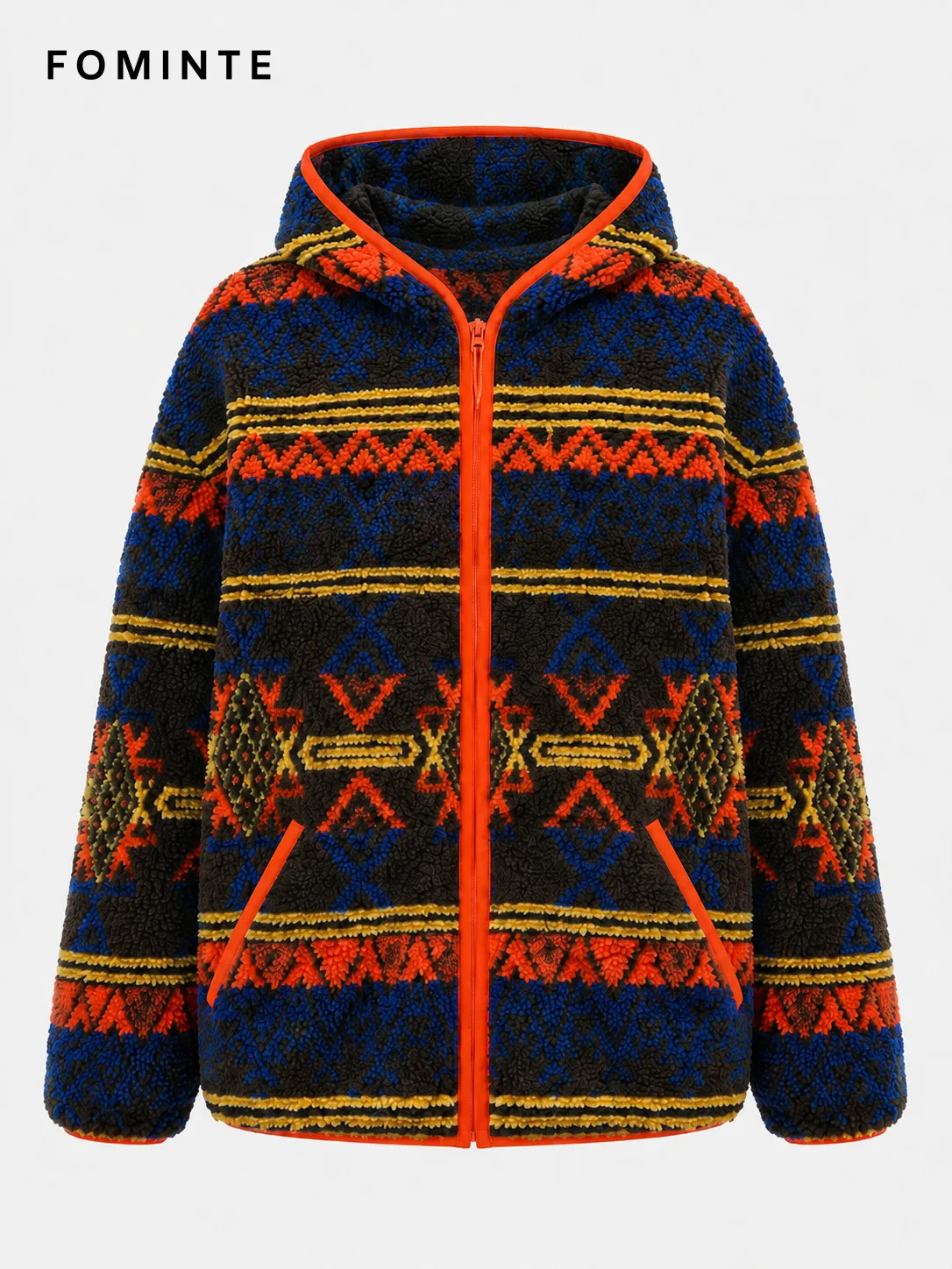 Hooded Full-Zip Aztec Geometric Fleece Jacket