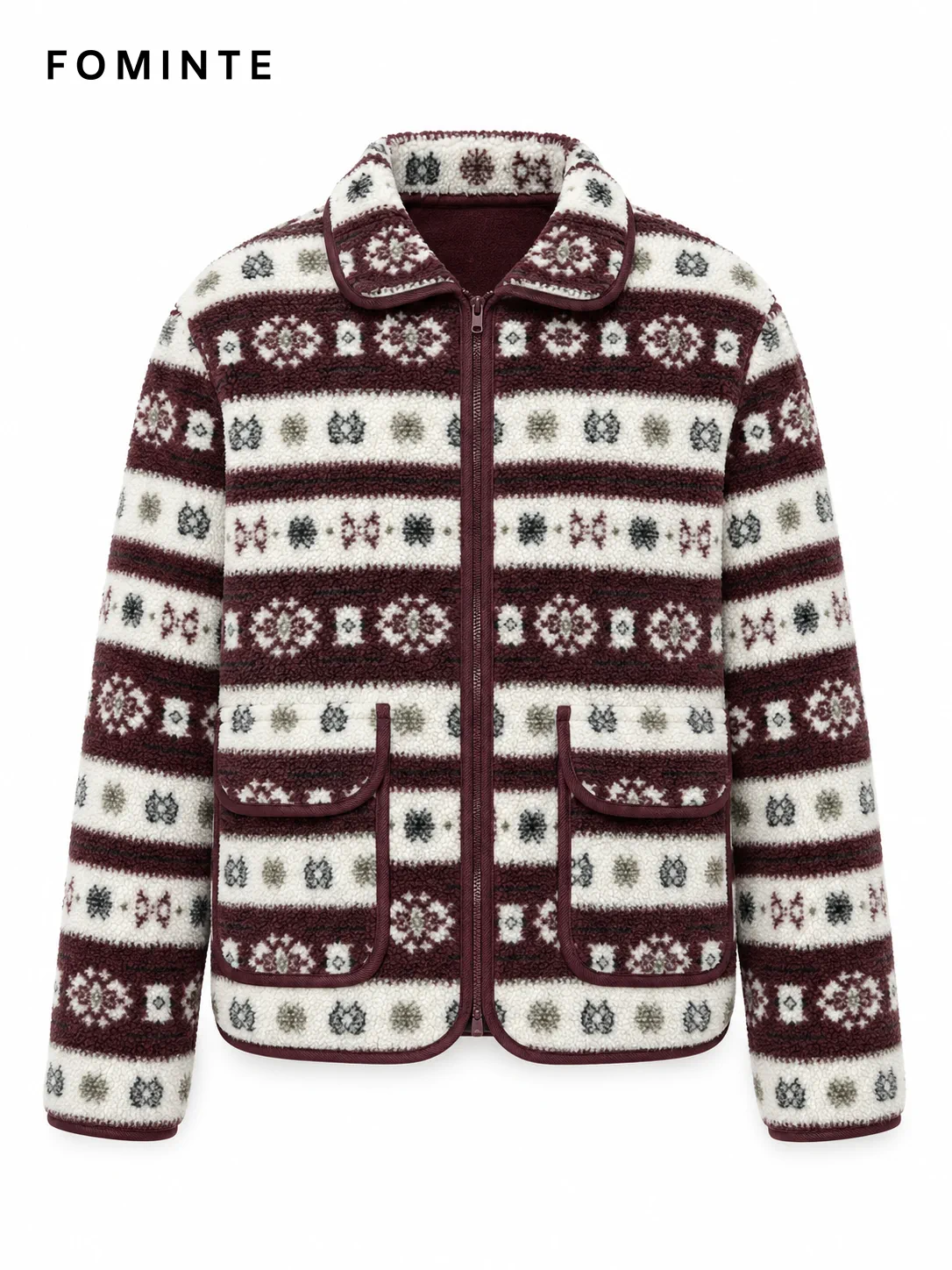 Notched-Collar Full-Zip Fair Isle Fleece Jacket