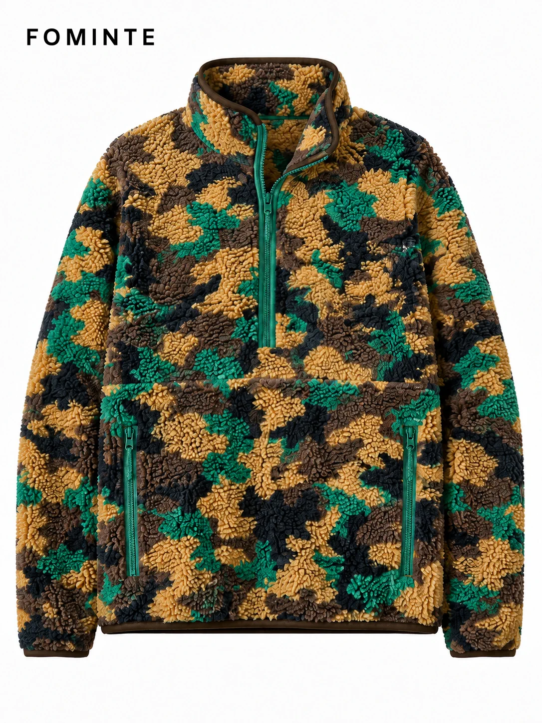 Stand-Collar Half-Zip Camo Print Fleece Jacket