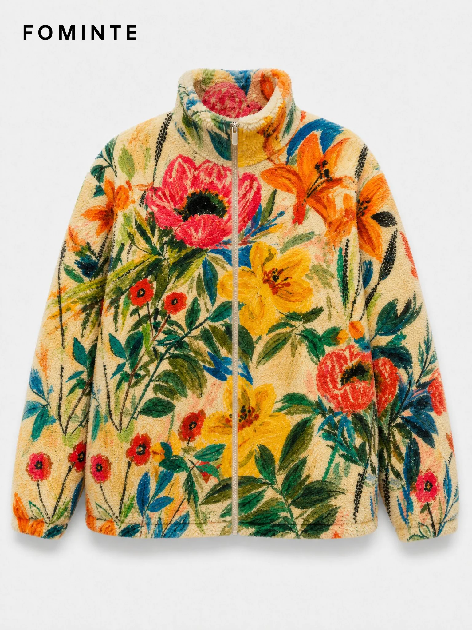 Cream Multi-Colour Floral Print Full-Zip Fleece Jacket