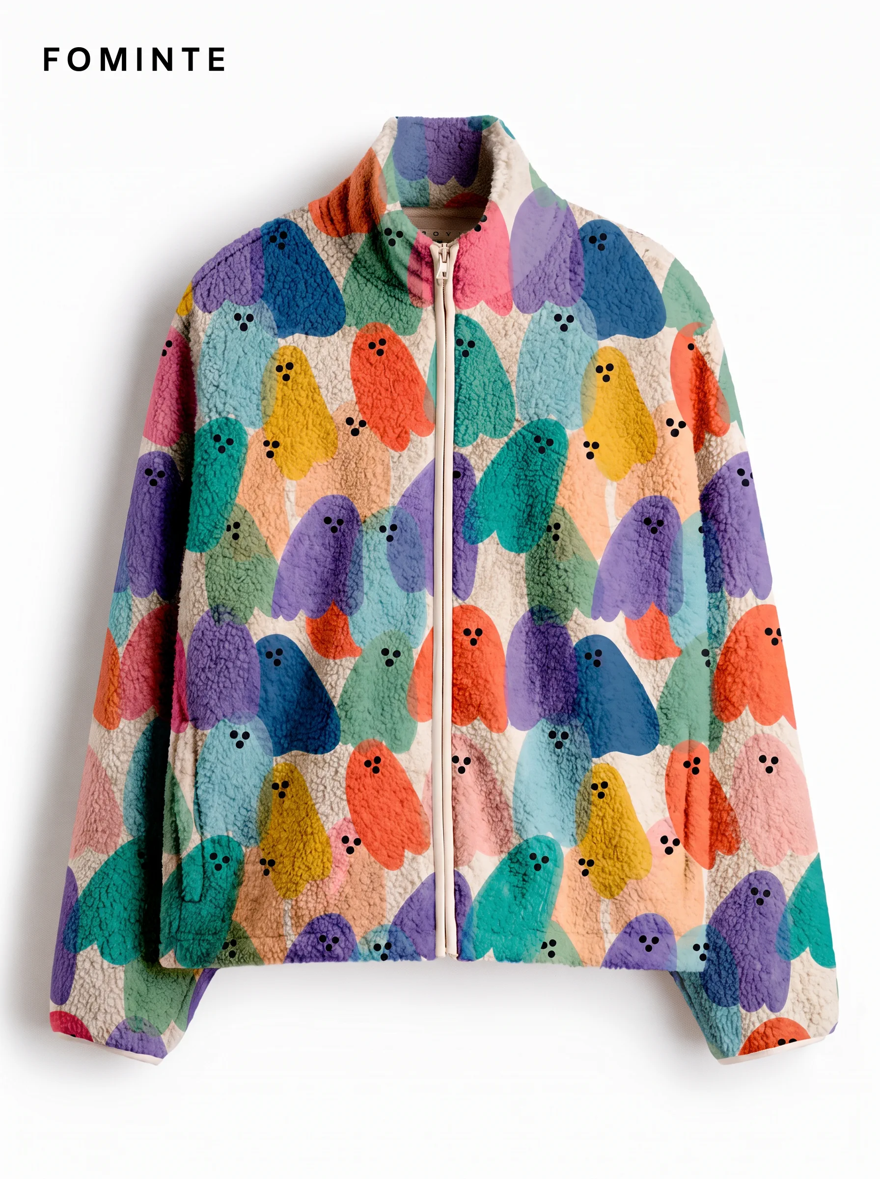 Multi-Colour Ghost Print Stand-Collar Fleece Jacket
