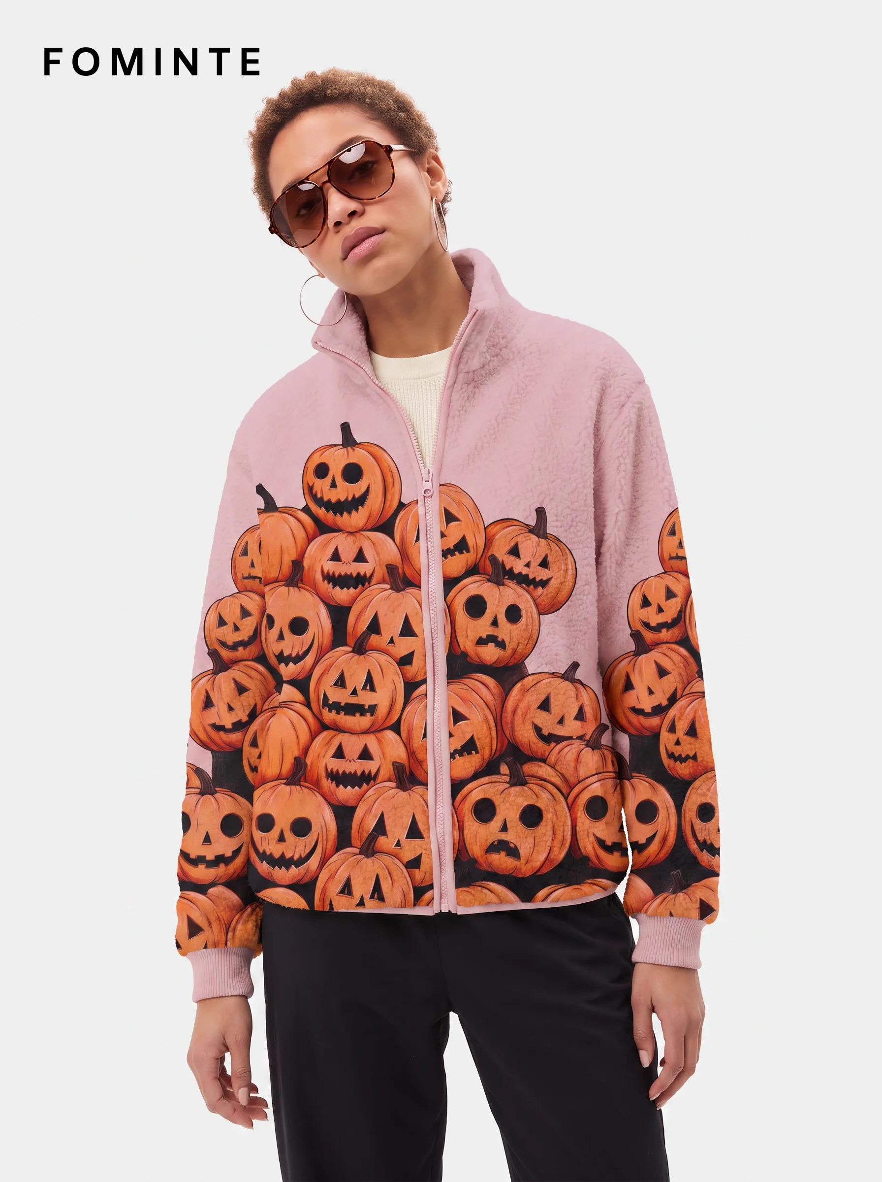 Pink Jack-O'-Lantern Print Stand-Collar Fleece Jacket