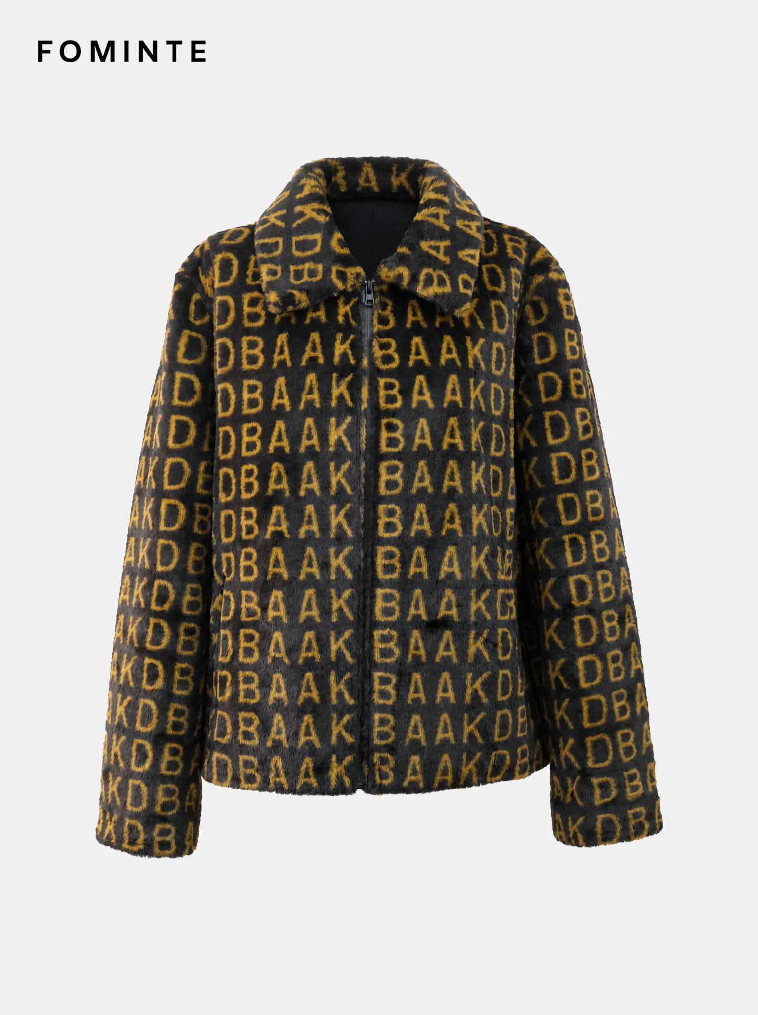 Black and Gold Monogram Luxury Faux Fur Zip Jacket