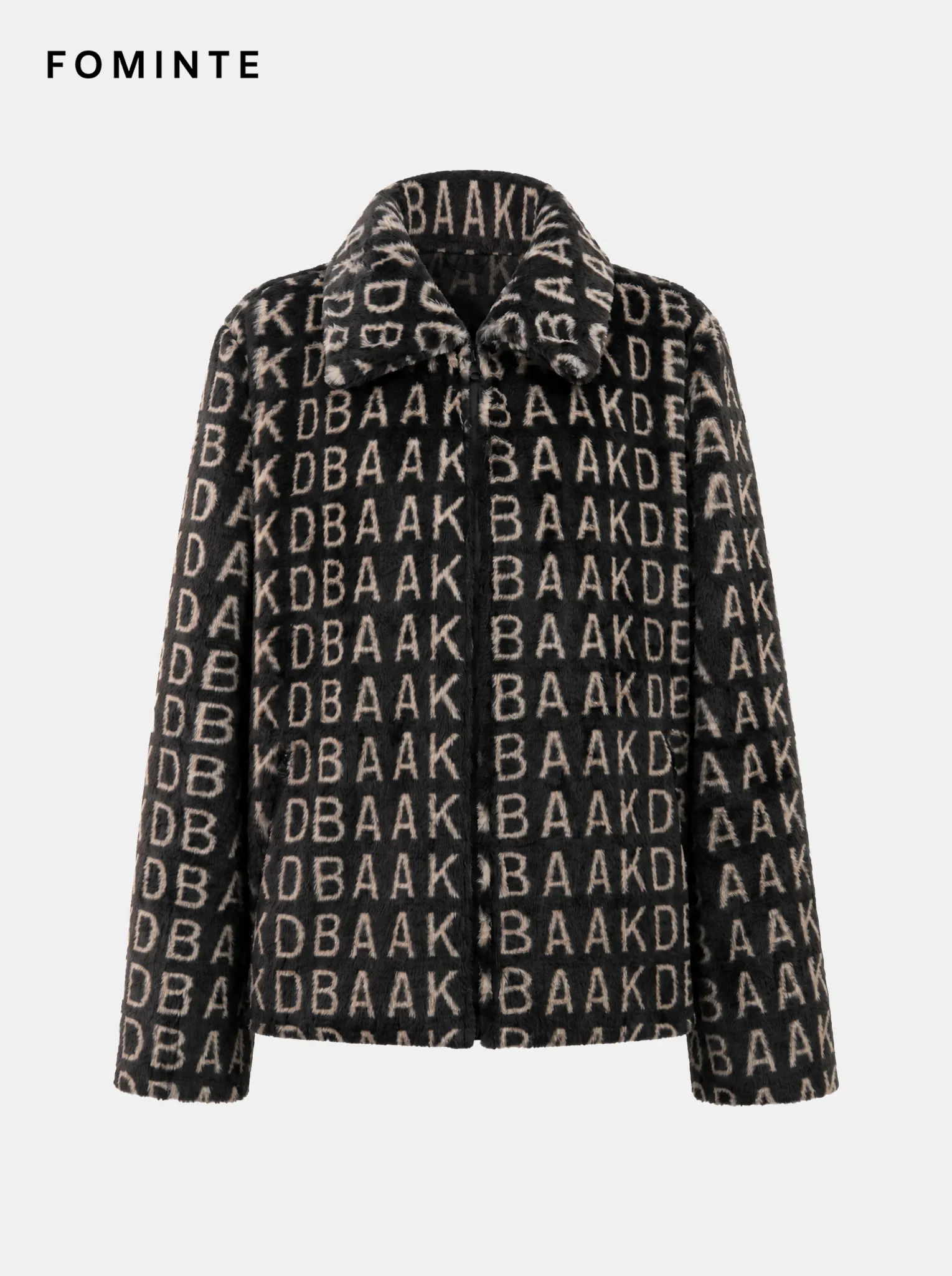 Black and Off-White Monogram Luxury Faux Fur Zip Jacket