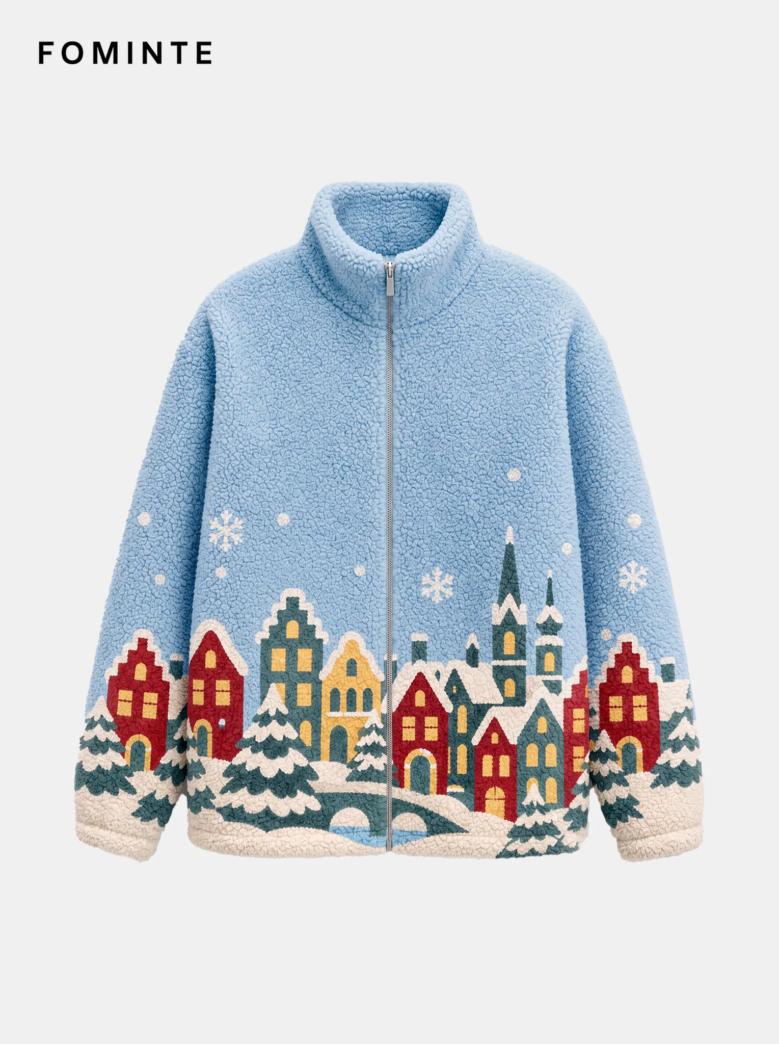 Sky Blue European Winter Town Jacquard Fleece Jacket