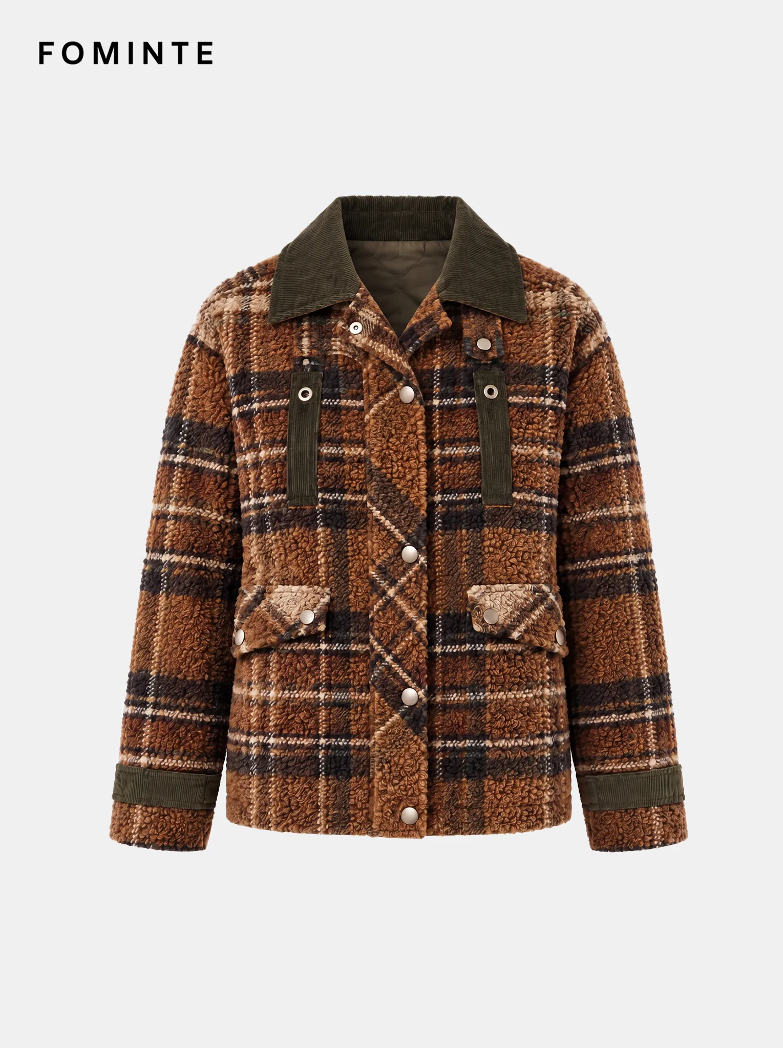 Brown Plaid Utility Sherpa Jacket with Corduroy Collar