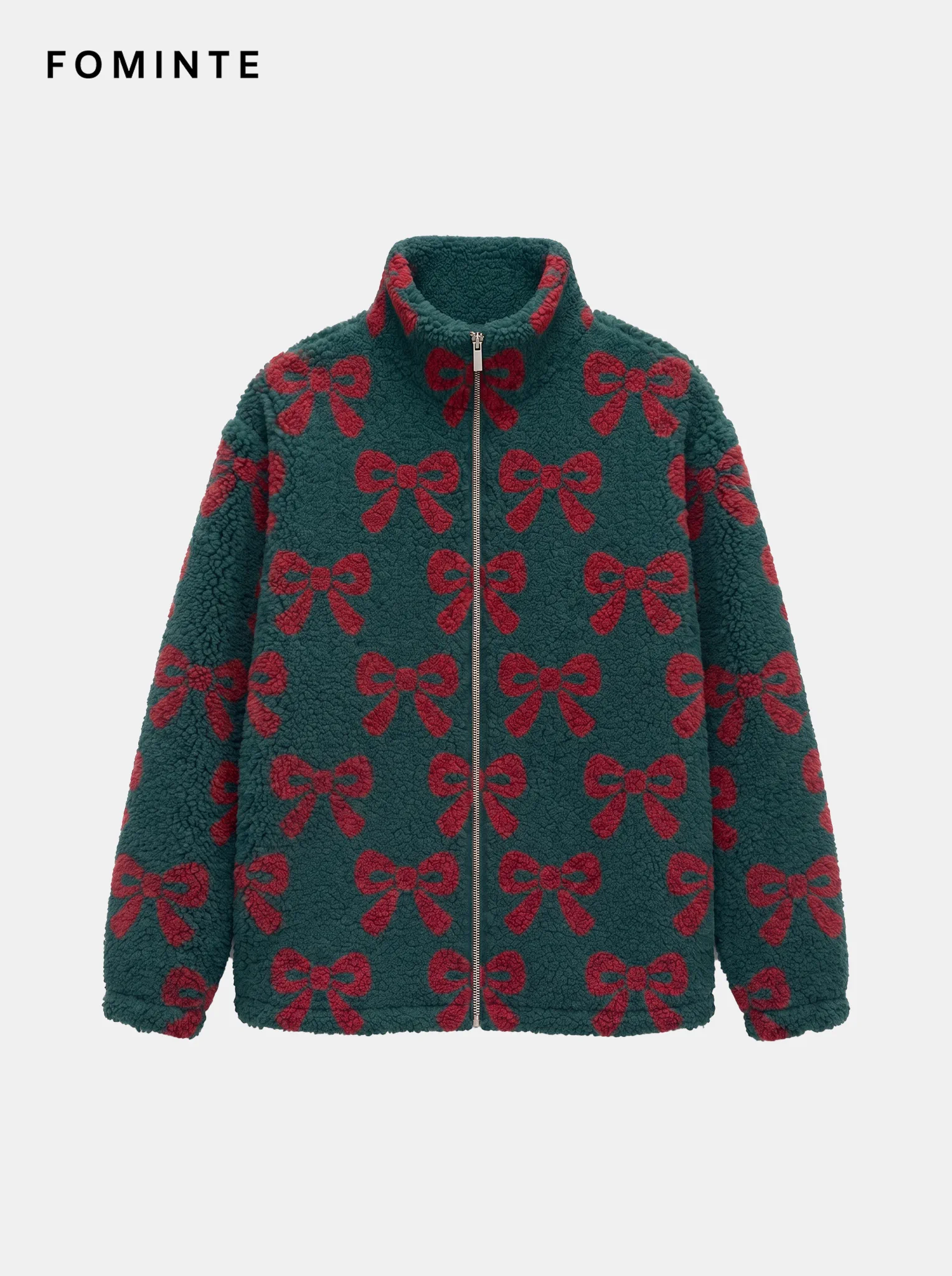 Forest Green Holiday Ribbon Bow Print Sherpa Jacket