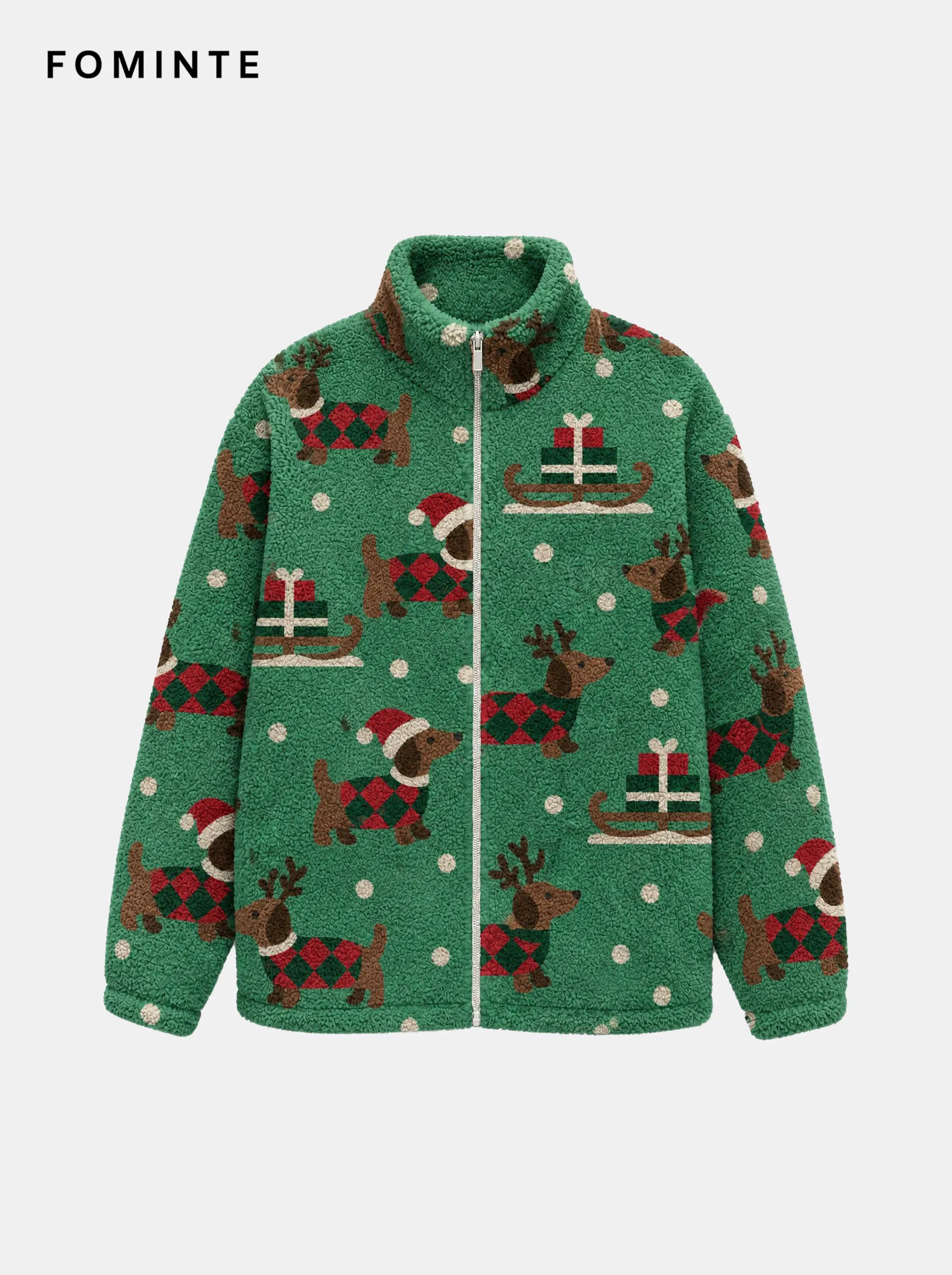 Holiday Dachshund Print Sherpa Fleece Jacket