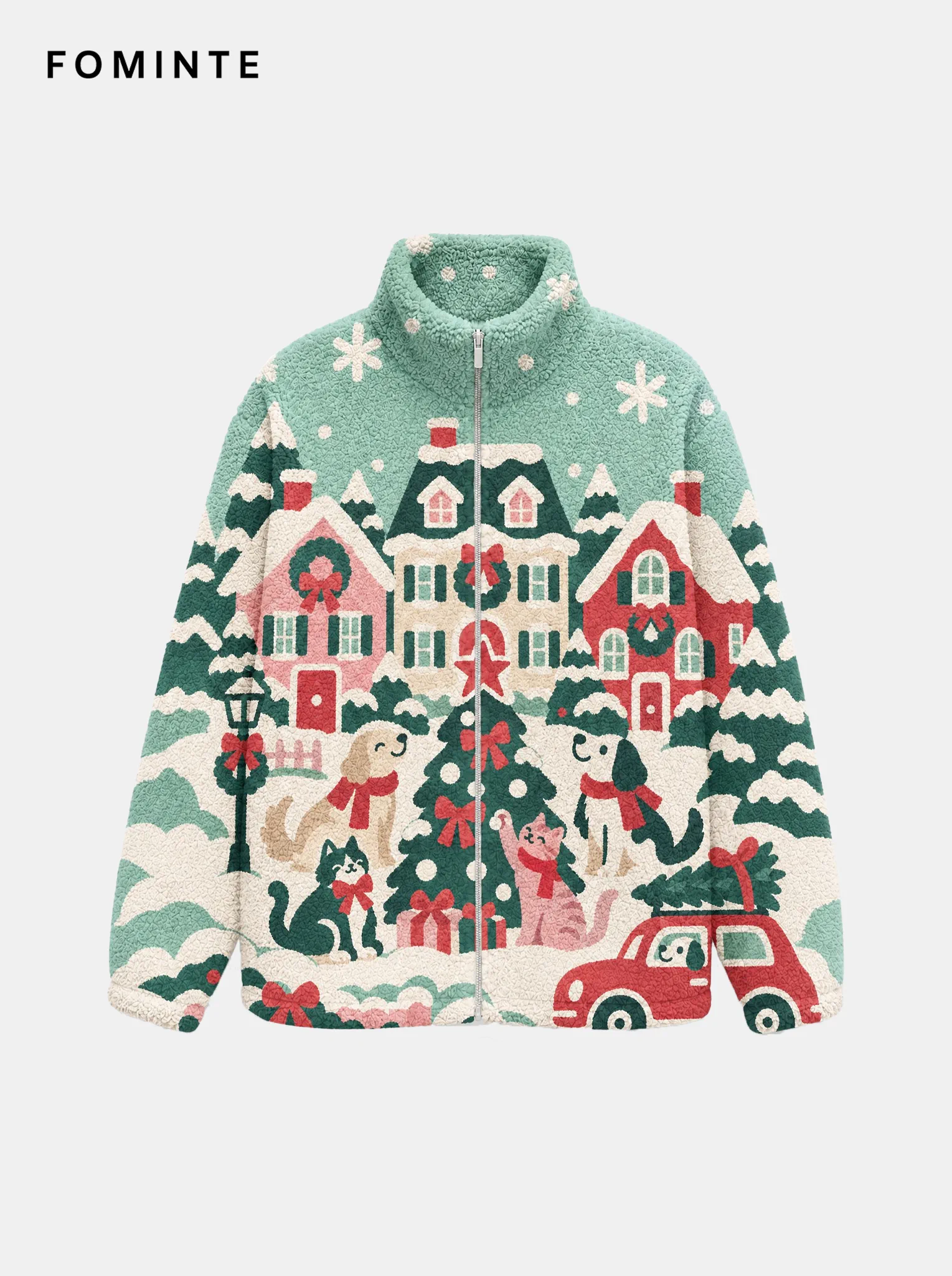 Pastel Mint Winter Village and Holiday Pets Fleece Jacket