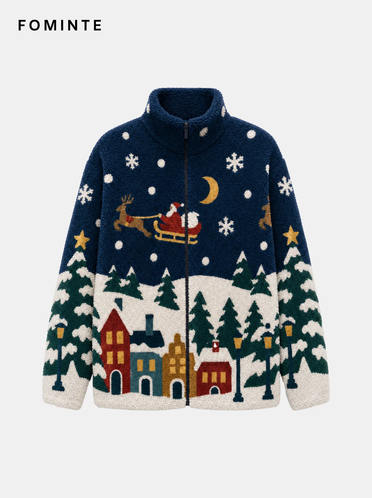 Midnight Navy Santa Sleigh Christmas Sherpa Jacket