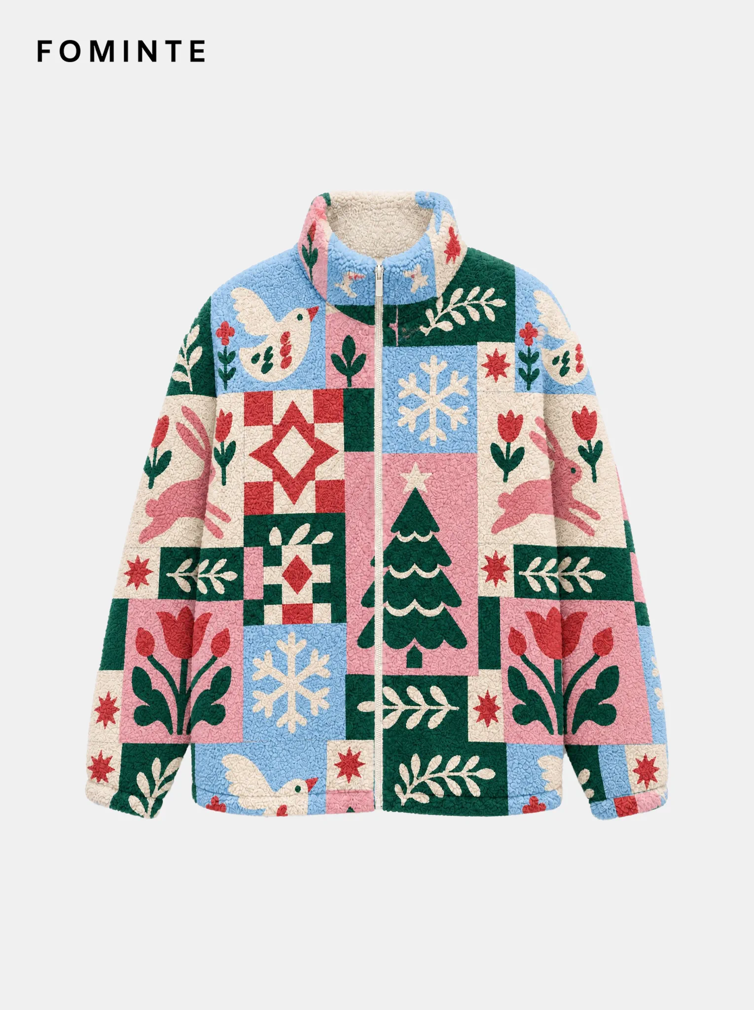 Pastel Christmas Patchwork Quilt Sherpa Jacket