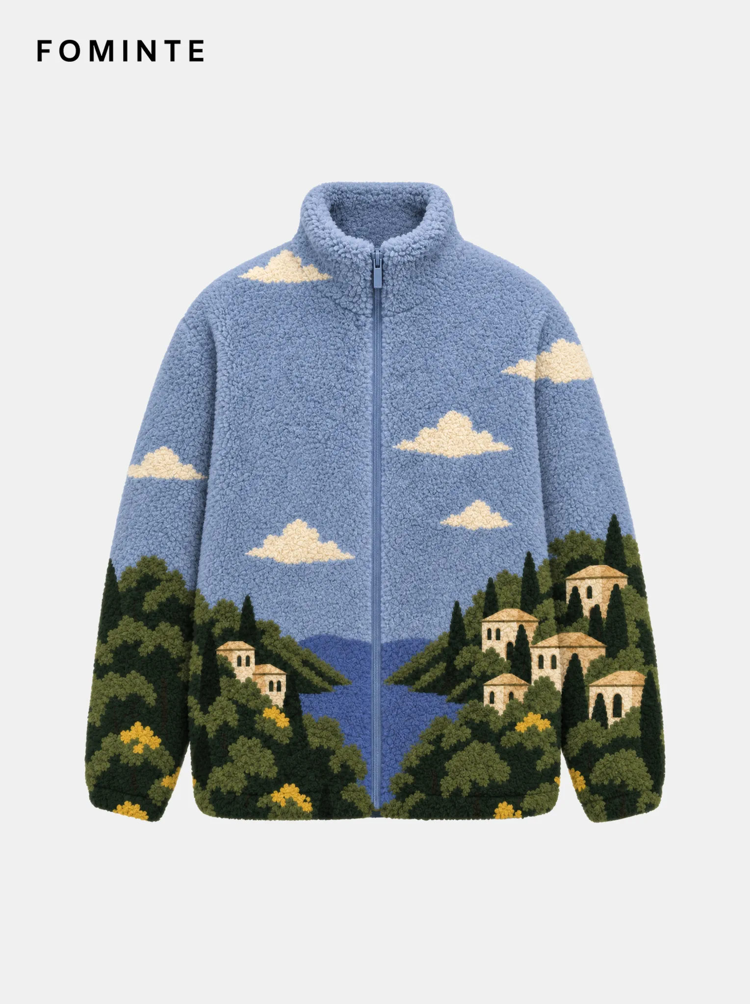 Sky Blue Mediterranean Coastal Villa Landscape Fleece Jacket