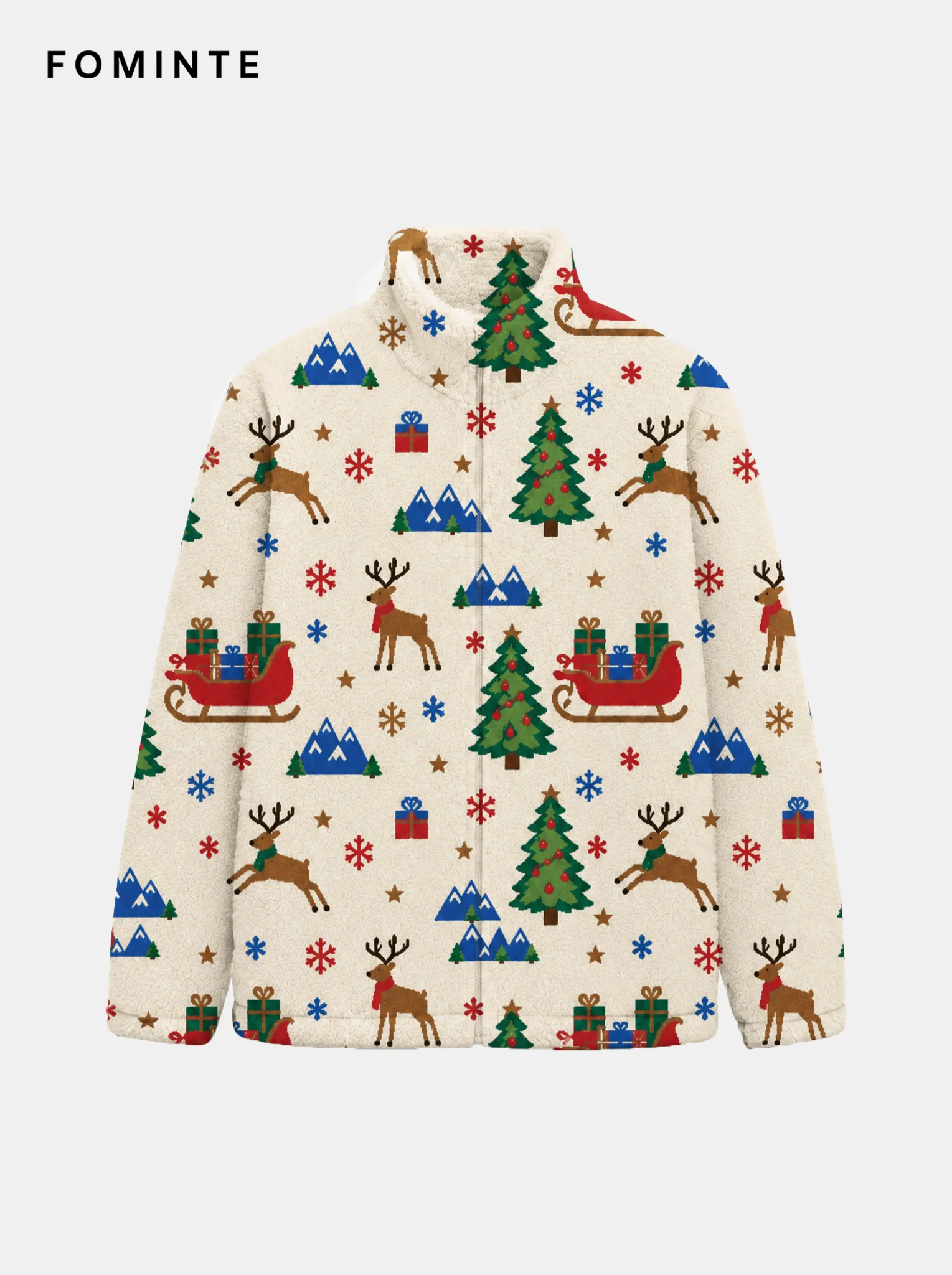 Cream Christmas Reindeer and Forest Holiday Sherpa Jacket