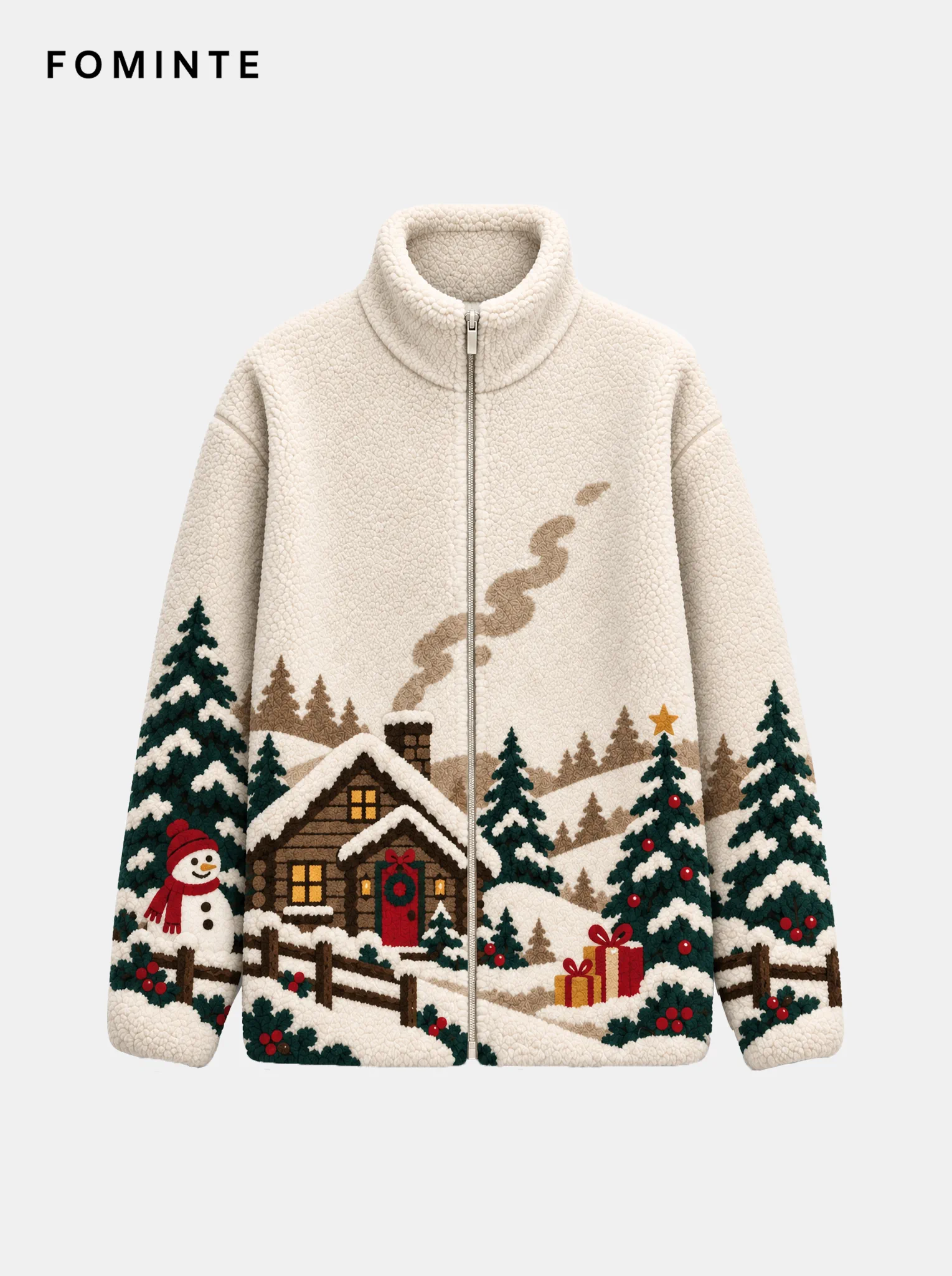 Alpine Cabin and Snowman Holiday Sherpa Fleece Jacket