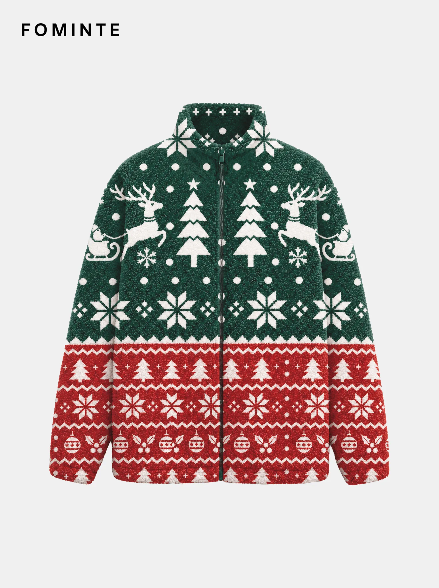 Festive Fair Isle Reindeer and Sleigh Holiday Sherpa Jacket