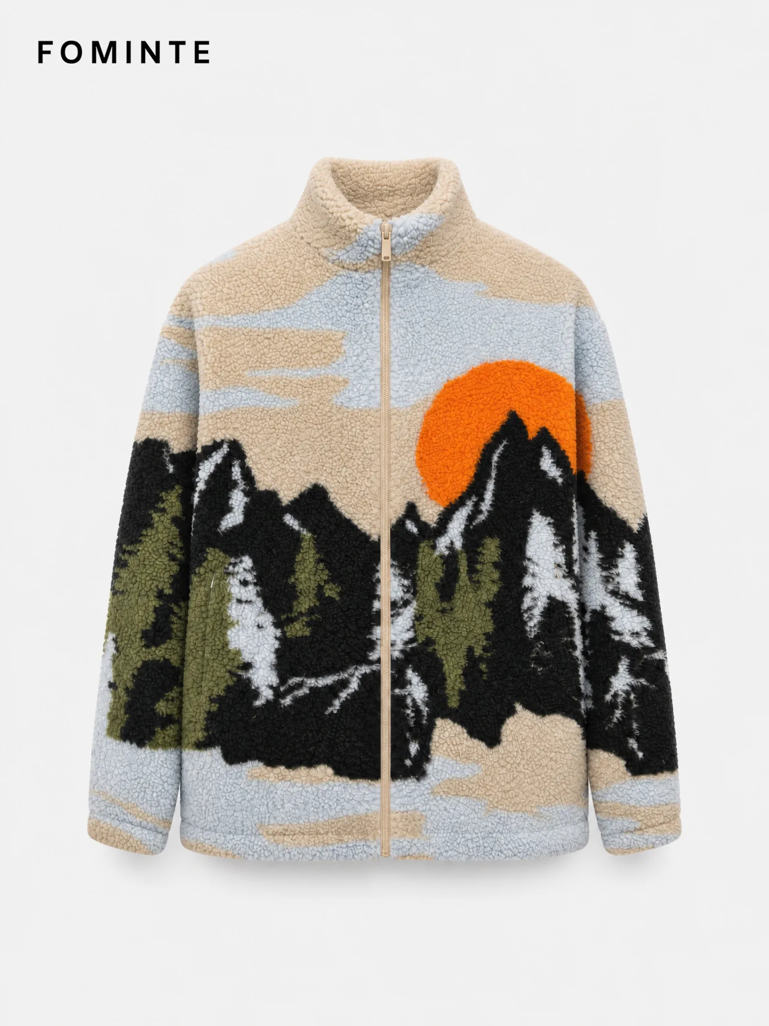 Men's Golden Sunset Alpine Mountain Peaks Jacquard Sherpa Jacket