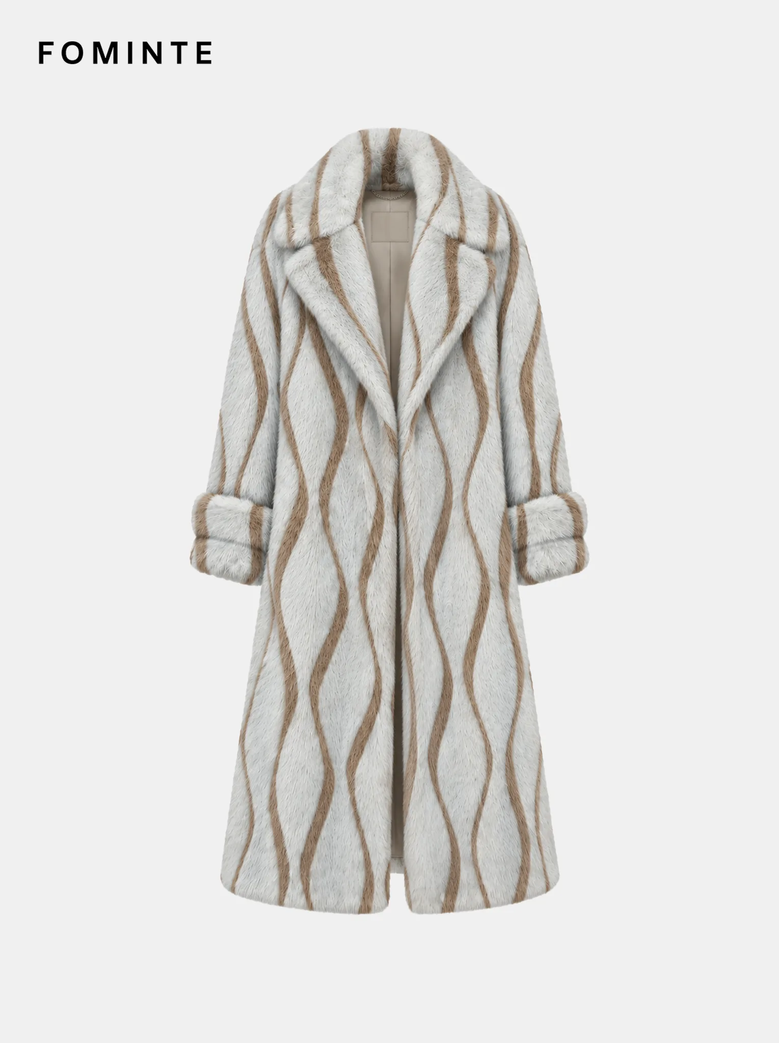 Cream and Dove Grey Striped Lapel Faux Fur Coat