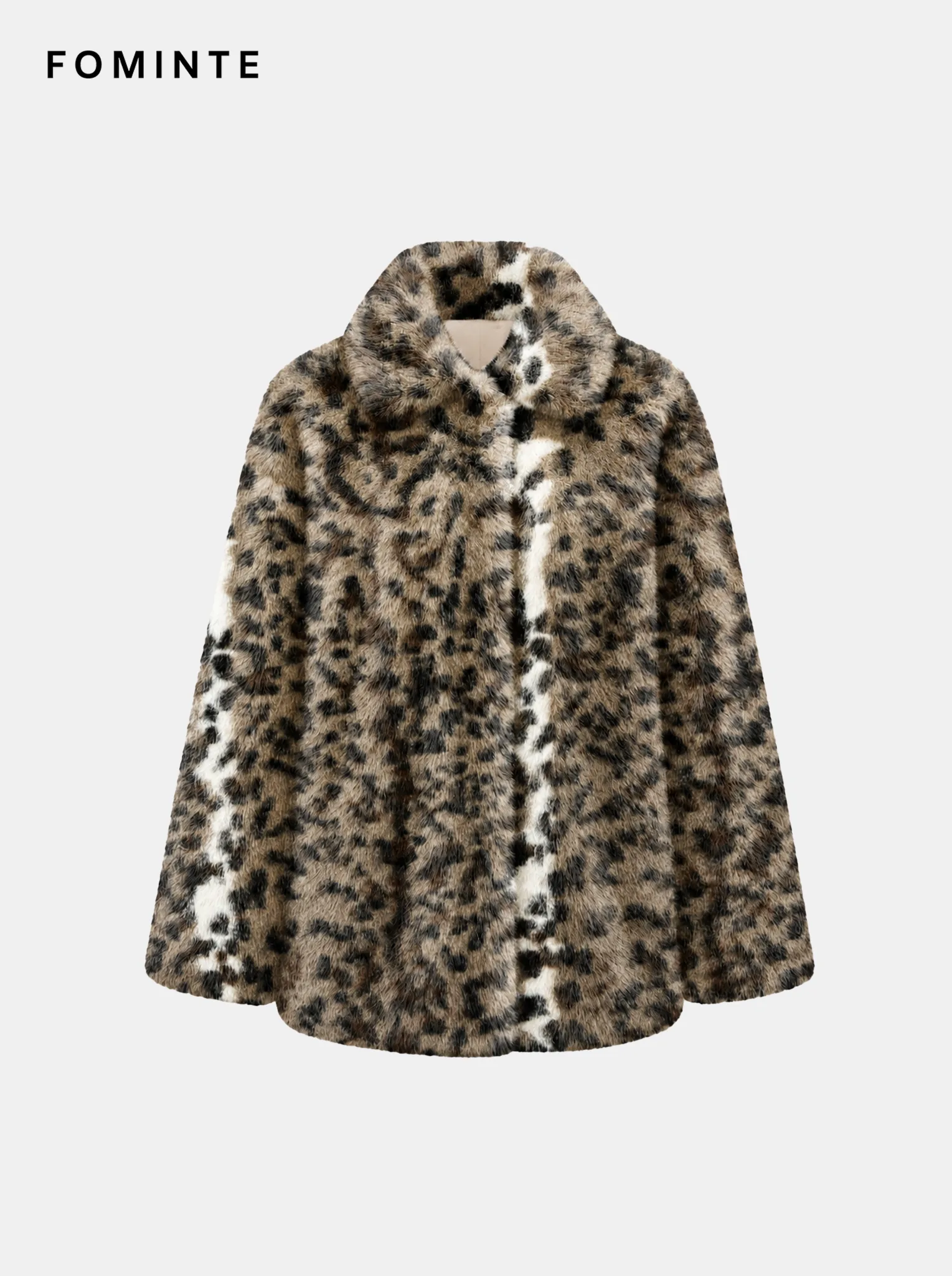 Greige Geometric Jacquard Hooded Faux Fur Coat
