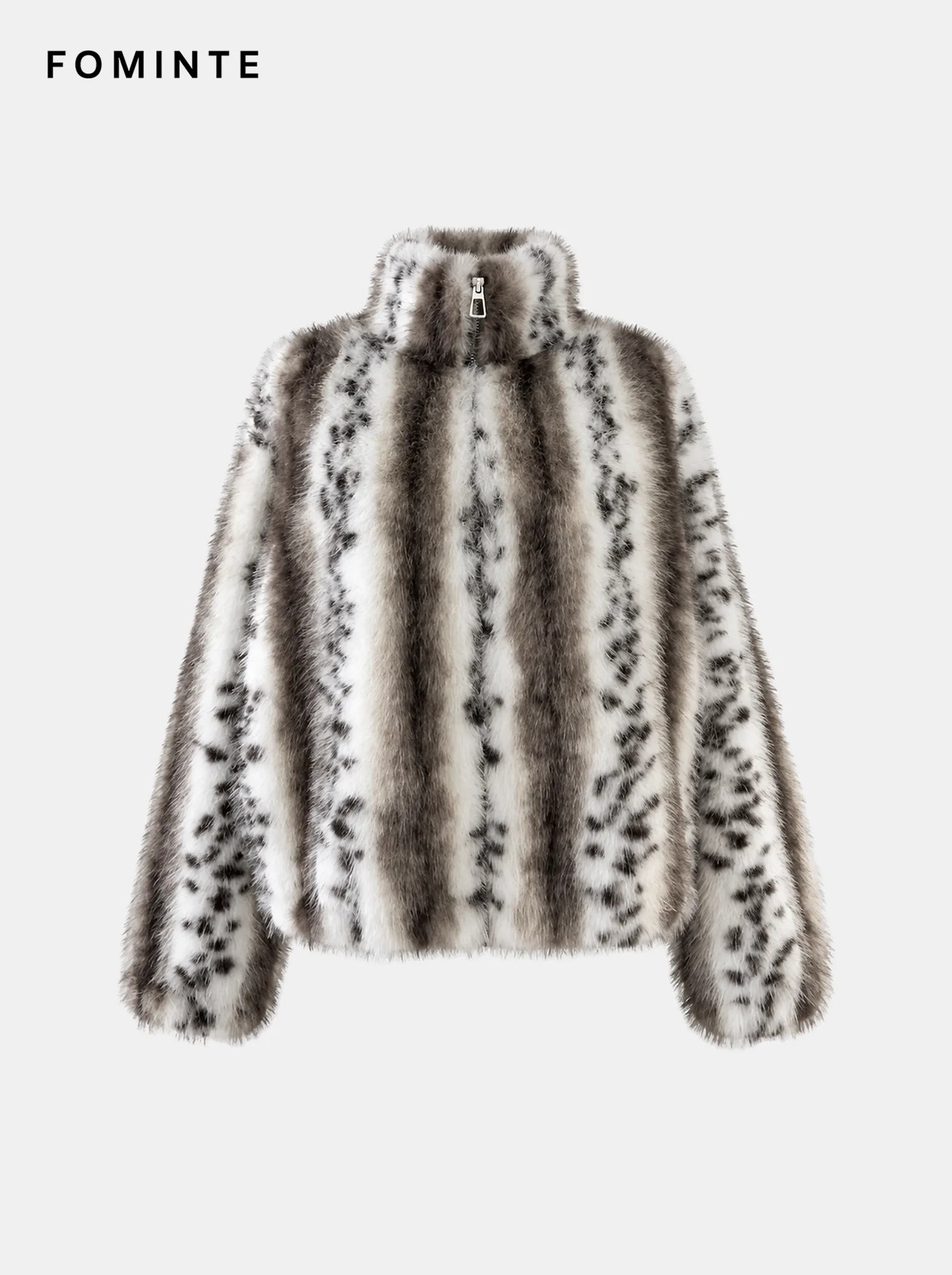 Snow Leopard Print Notch Lapel Faux Fur Jacket