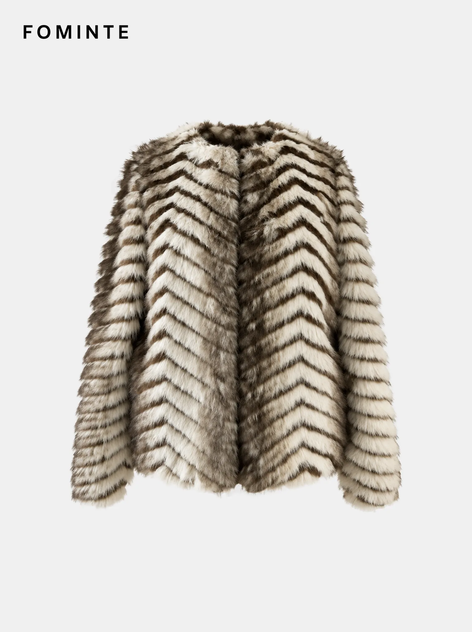 Ivory and Camel Wave Ripple Patterned Faux Fur Jacket