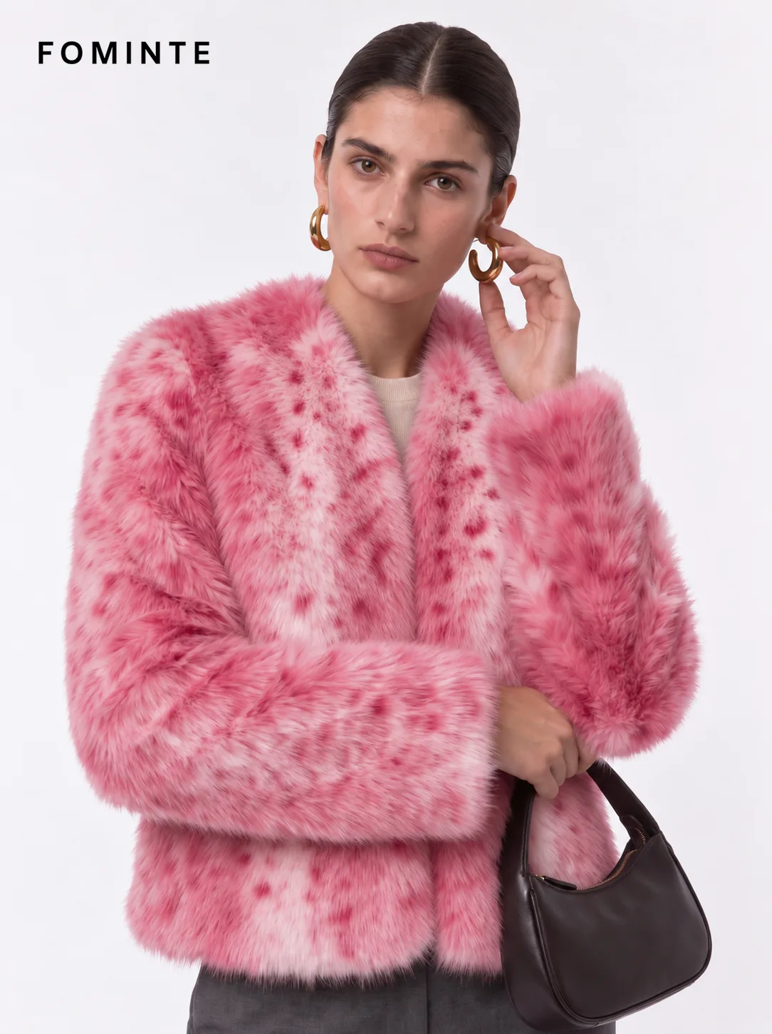 Dusty Rose Blossom Lapel Faux Fur Winter Coat