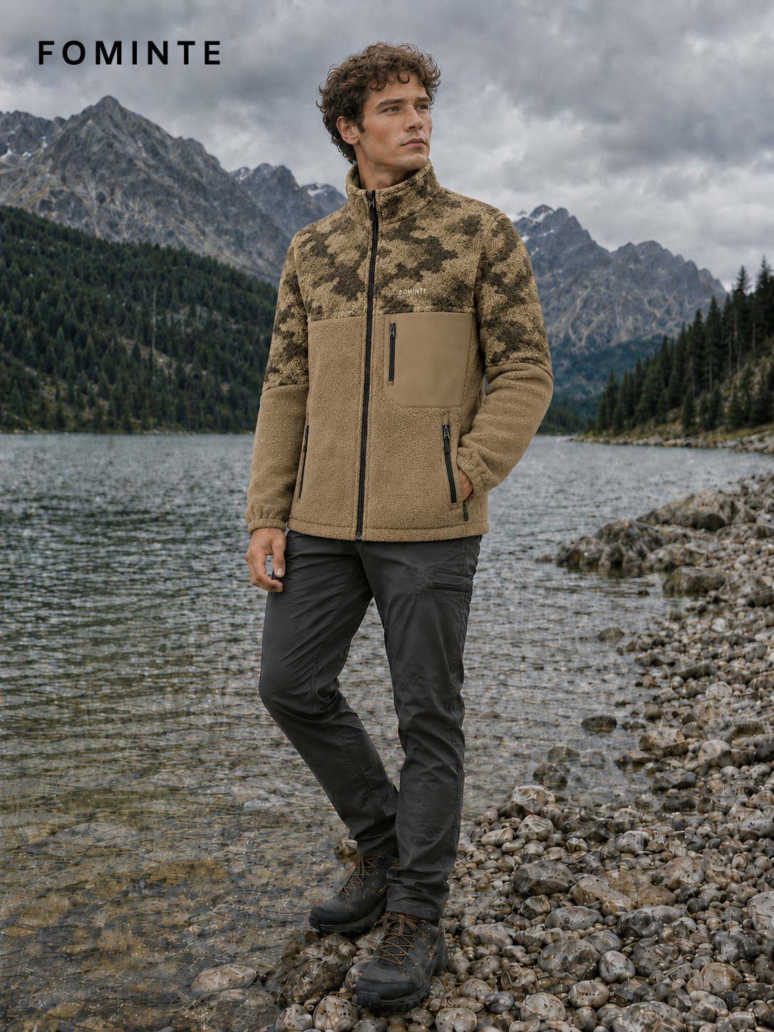 Camo and Camel Brown Men's Hybrid Fleece Jacket Wholesale Custom Outerwear - FM0801000426-1