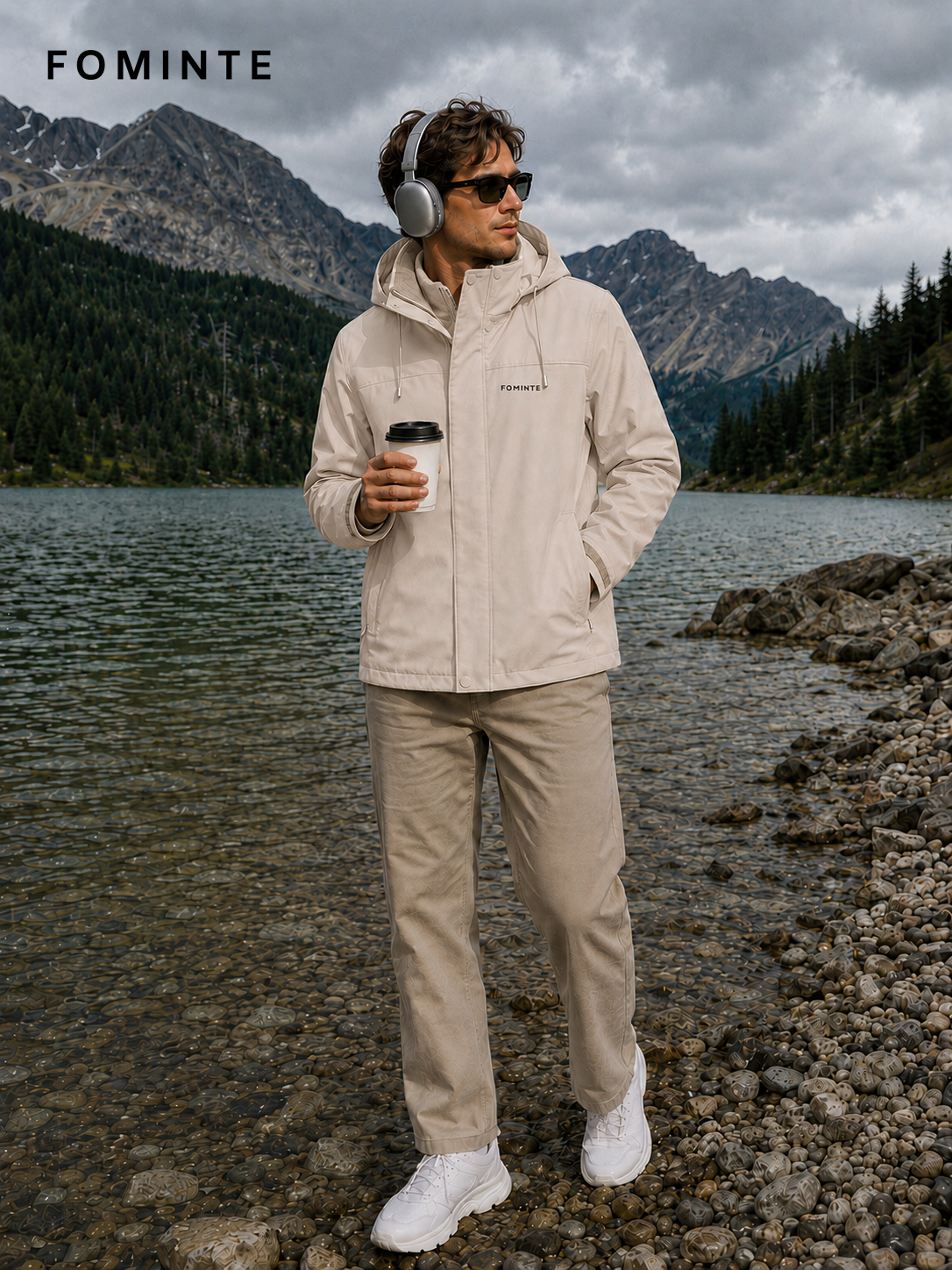 Mist Beige Men's Hooded Softshell Jacket Wholesale Custom Outerwear - FM0802000441-4