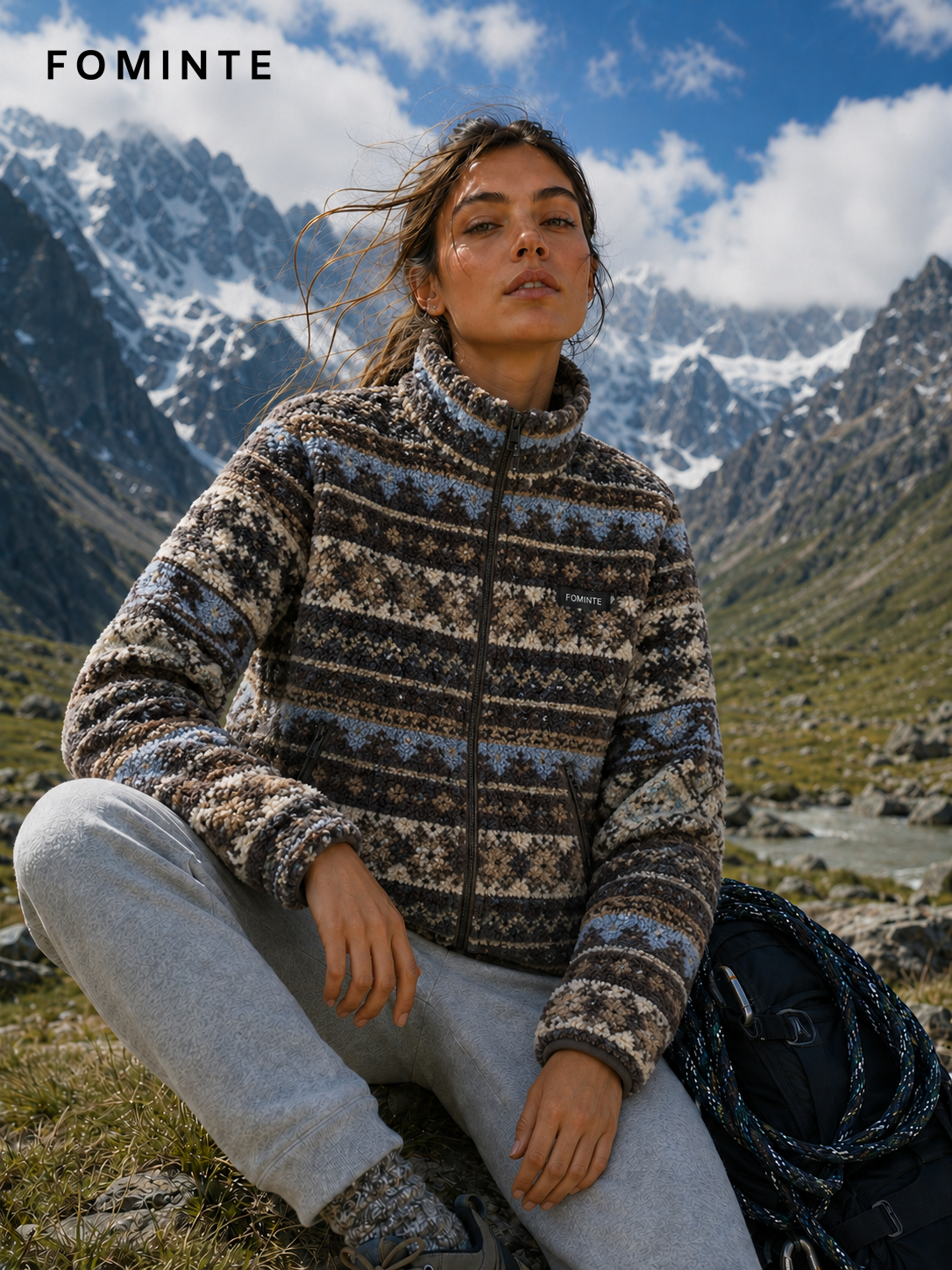 Brown and Blue Nordic Print Women's Nordic Print Full-Zip Fleece Jacket Wholesale Custom Outerwear - FM0802000445