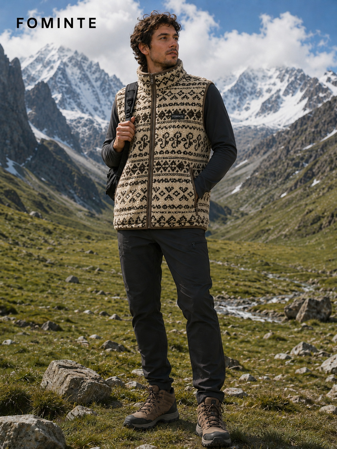 Beige and Brown Nordic Print Men's Nordic Print Full-Zip Fleece Vest Wholesale Custom Outerwear - FM0802000447