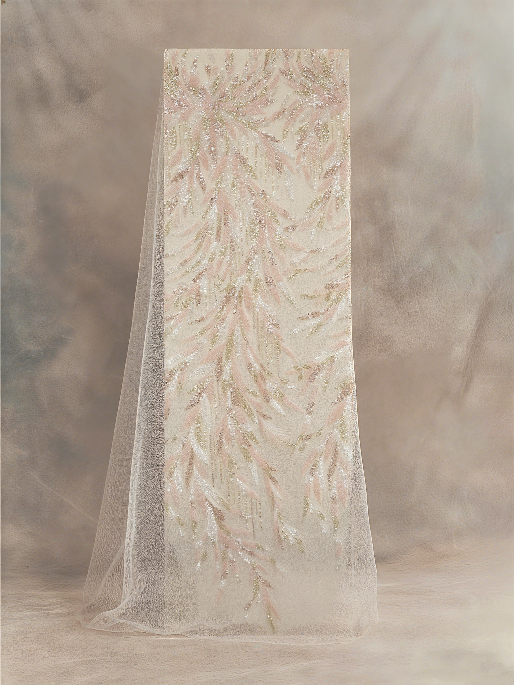 FT25-123 Glamorous Feather Motif Fabric with Allover Beading for Couture Gowns: Premium Fabric for Haute Couture