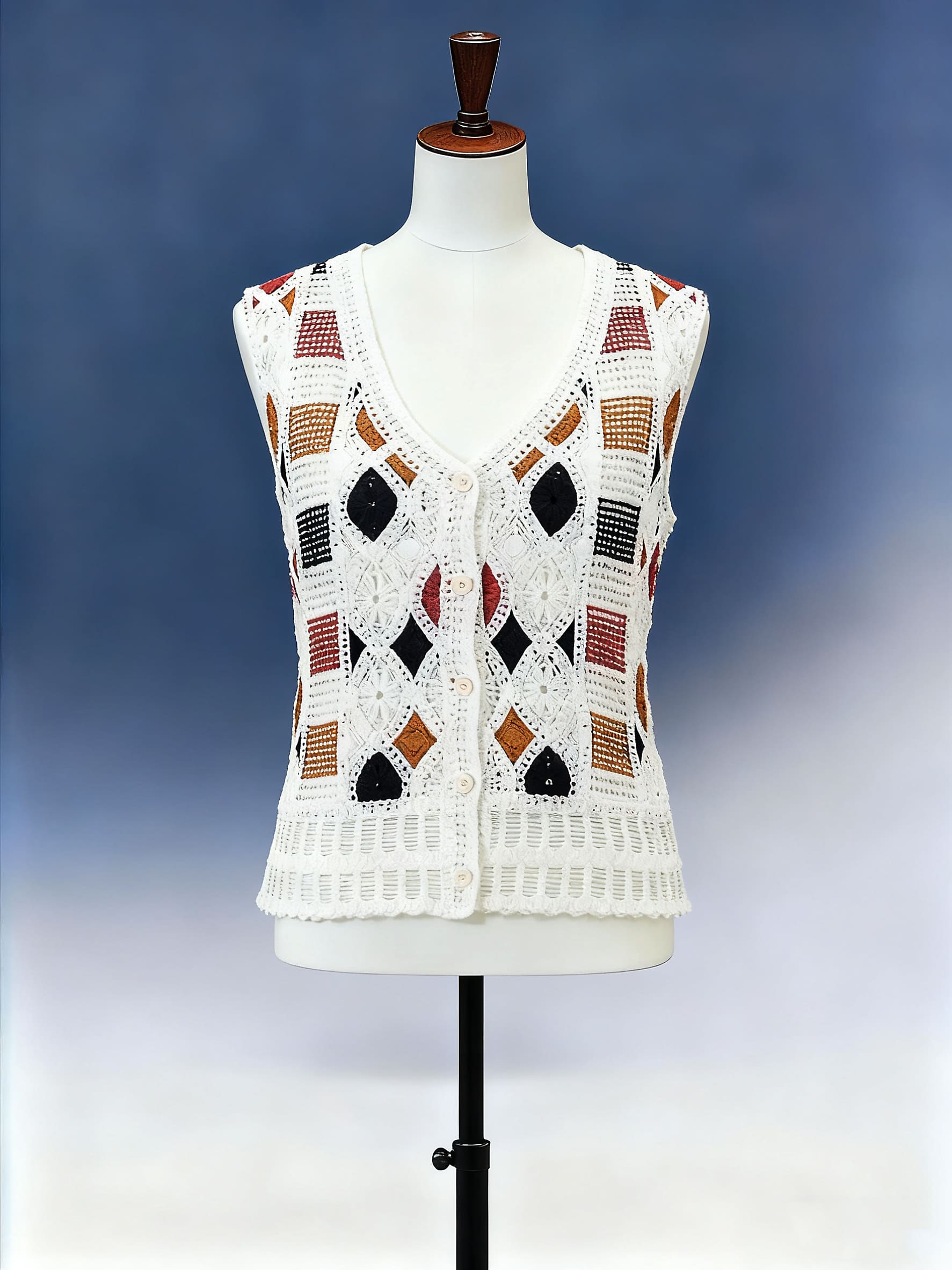 Geo Patchwork Crochet Button-Up Vest - FM0102000148