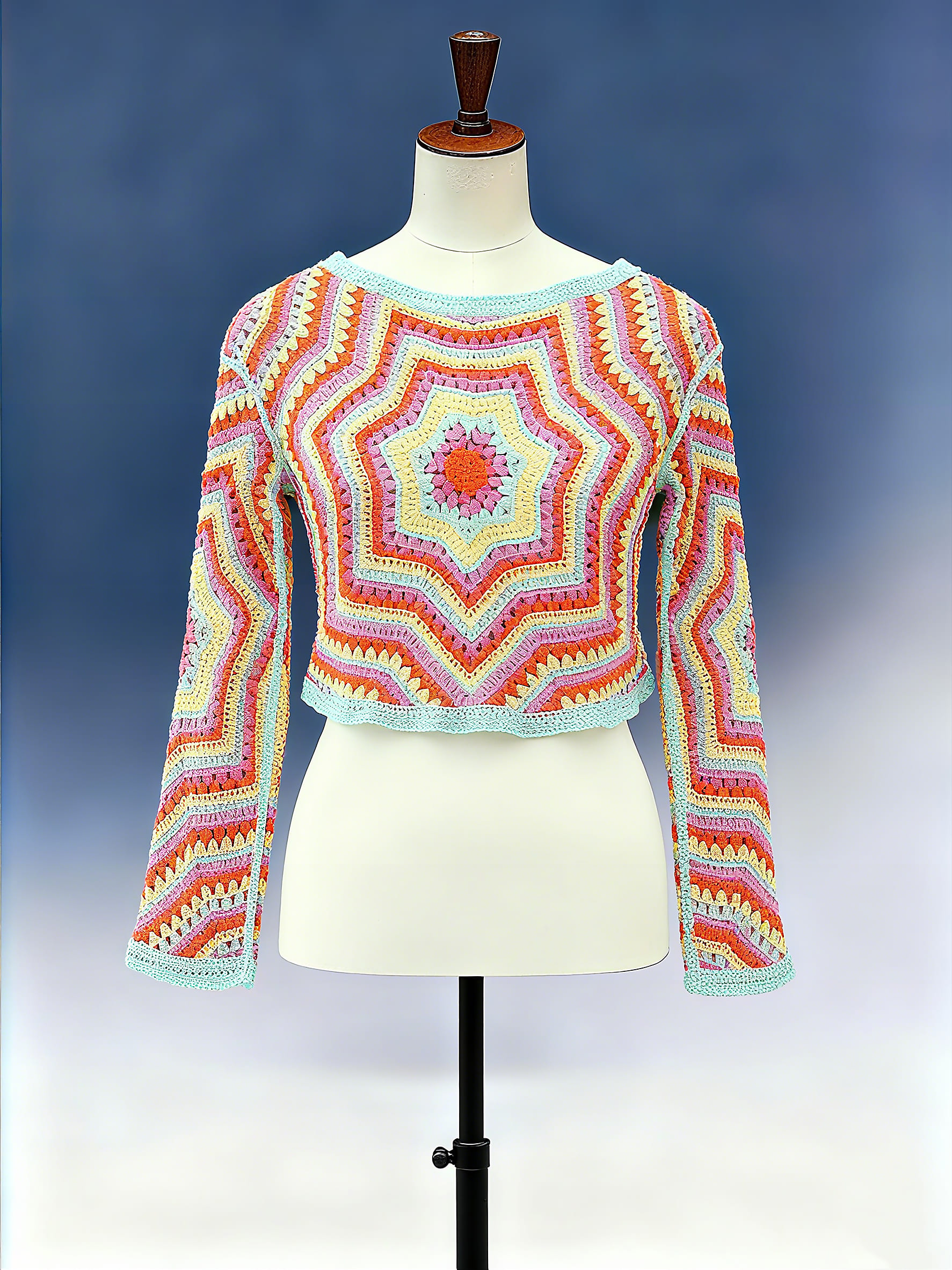 Geo Stripe Crochet Knit Crop Top - FM0102000155