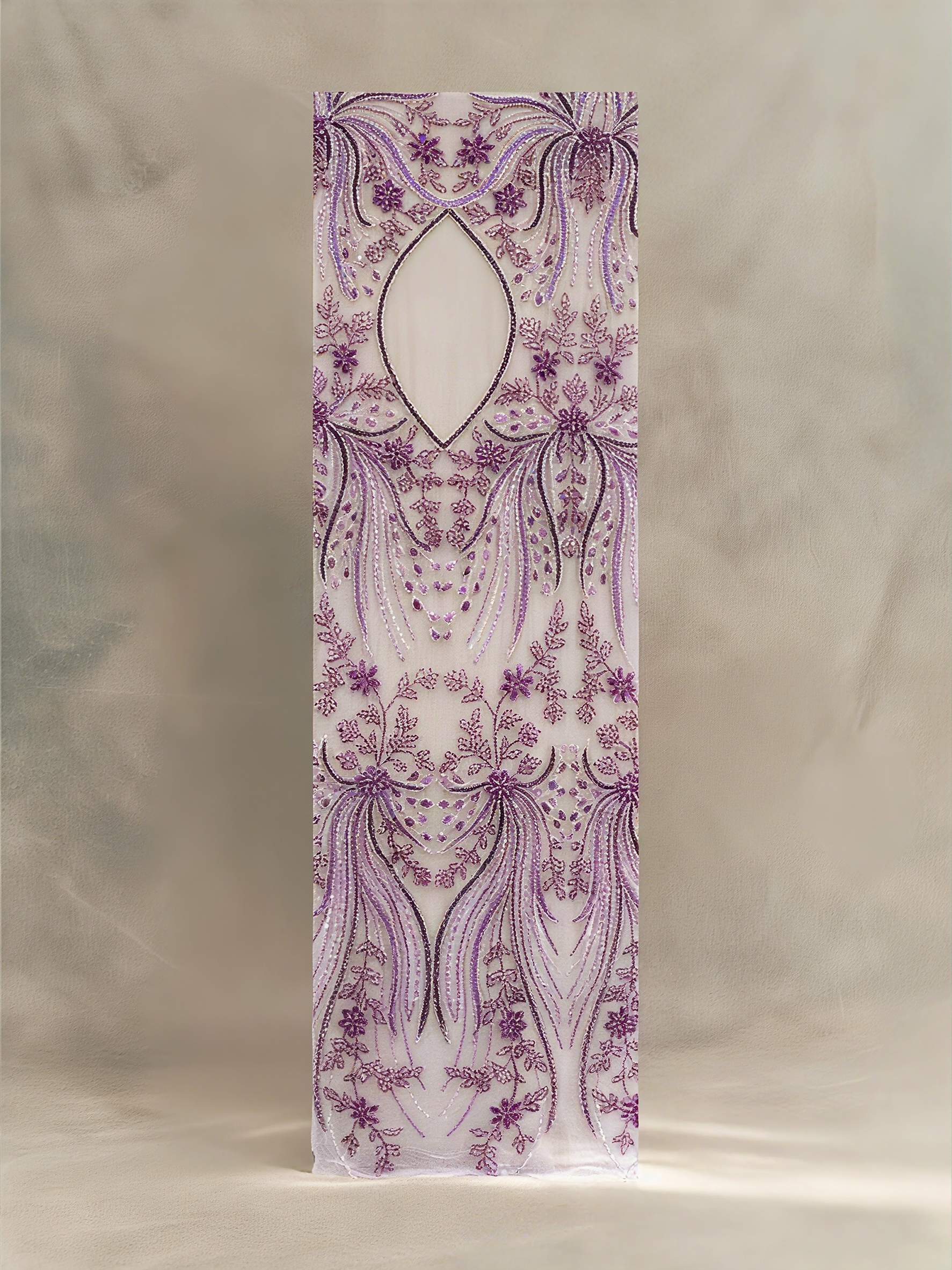 FT25-162: Regal Purple Beaded Lace with Art Deco Botanical Motifs