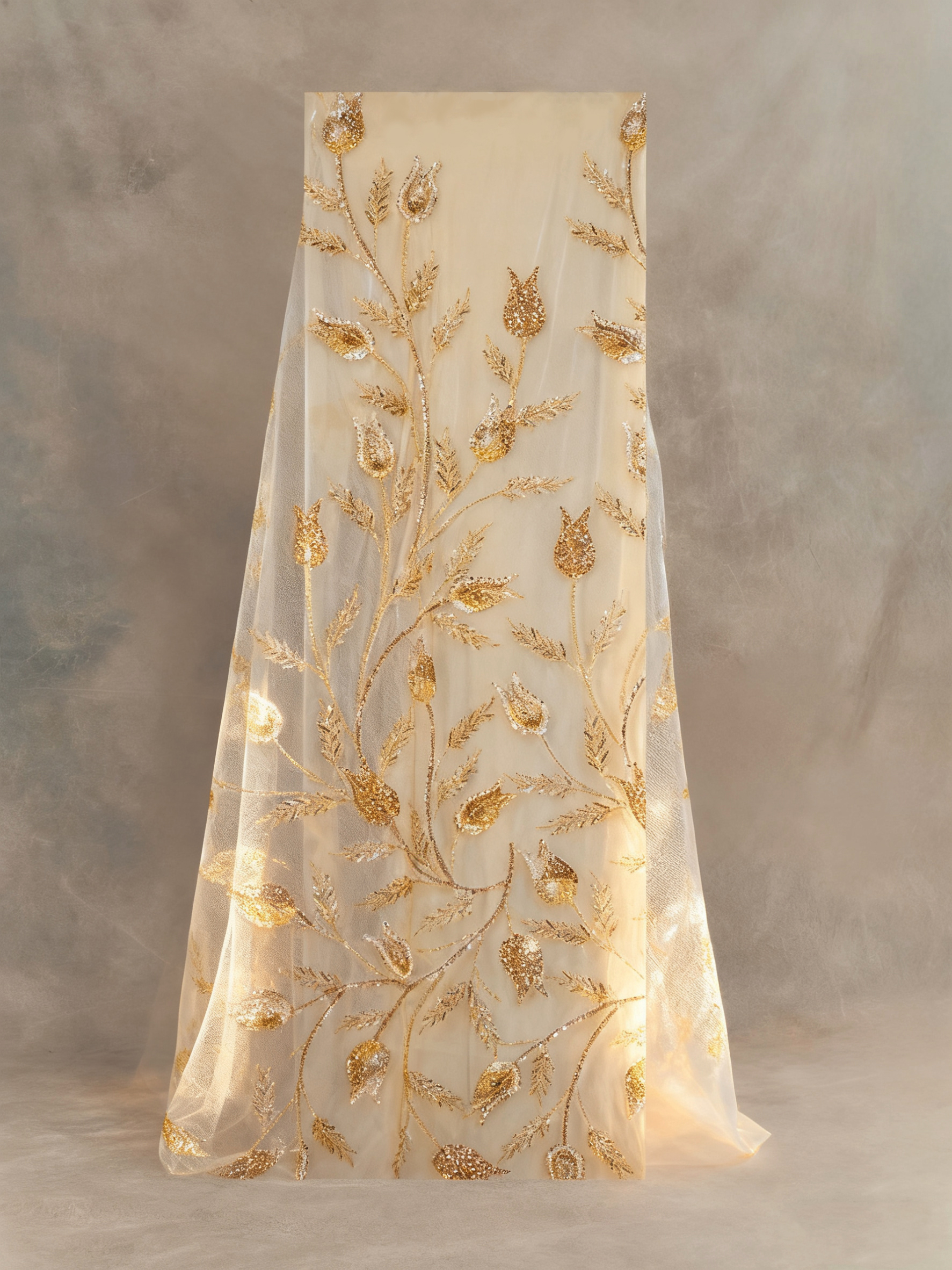 FT25-175T Artistic Botanical Beaded Lace with Feathered Leaf Motifs