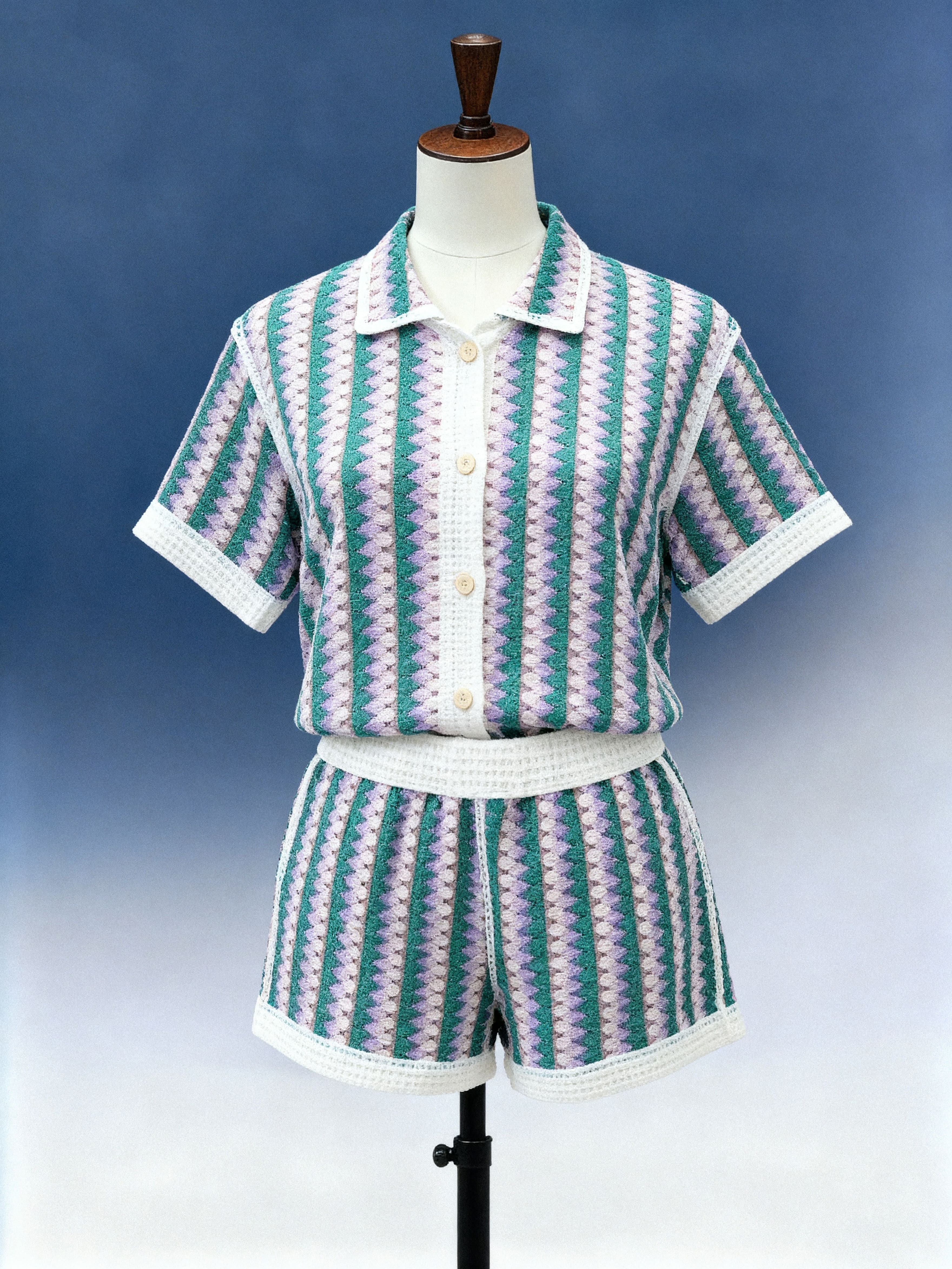 Striped Crochet Polo & Shorts Set - FM0102000186