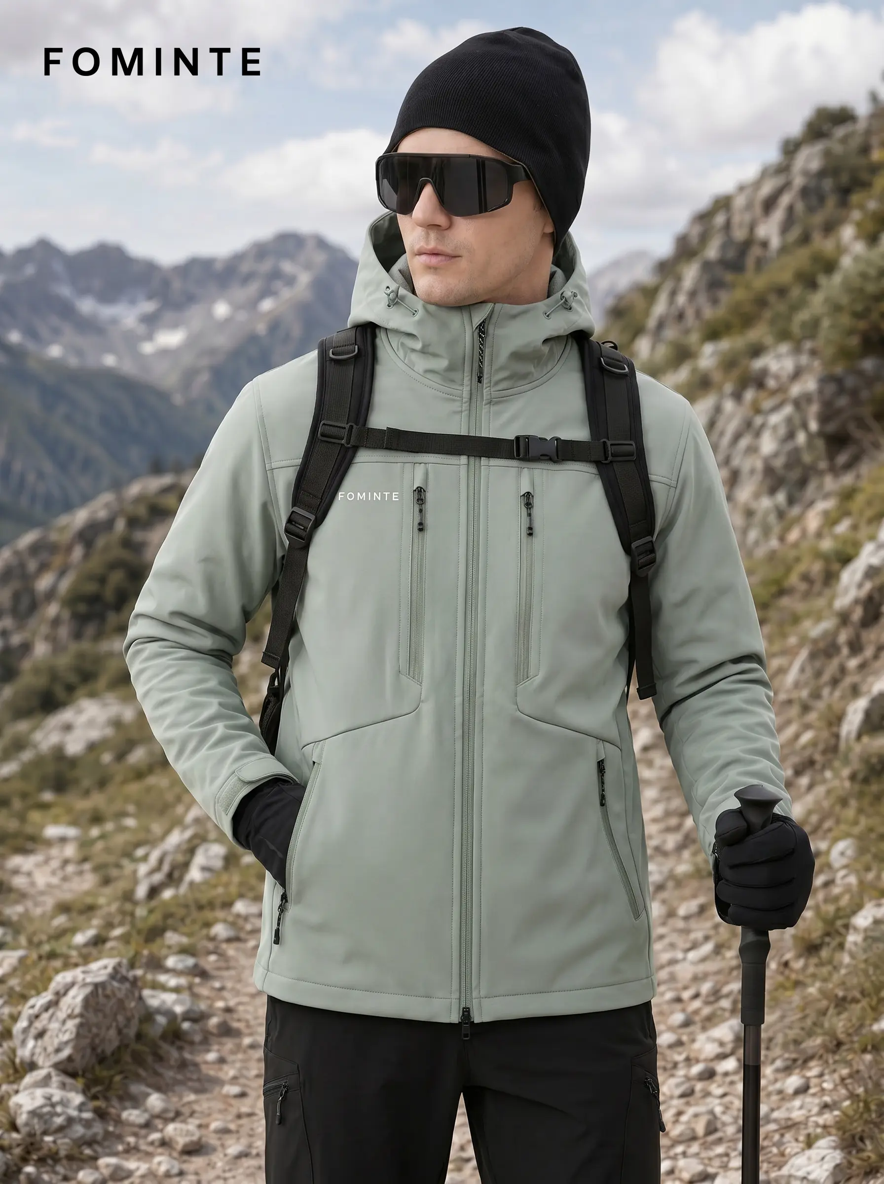 Men's Mist Green Hooded Softshell Hiking Jacket