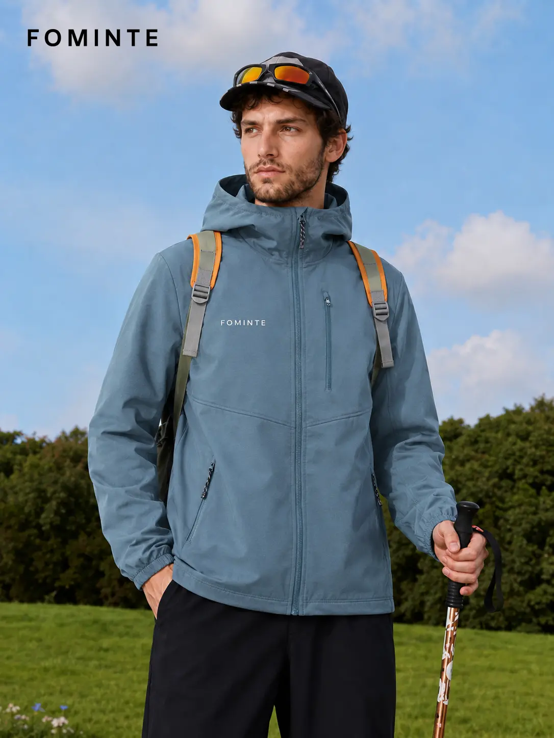 Men's Blue Grey Hooded Outdoor Softshell Jacket