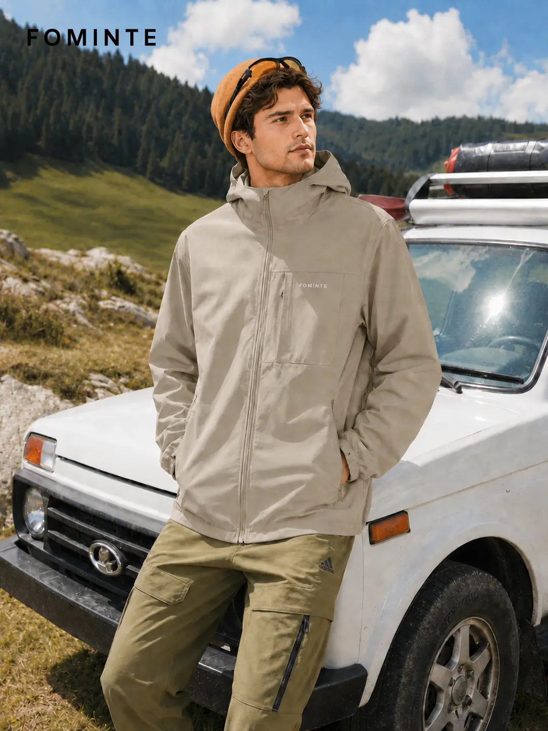 Men's Light Camel Minimal Hooded Softshell Jacket