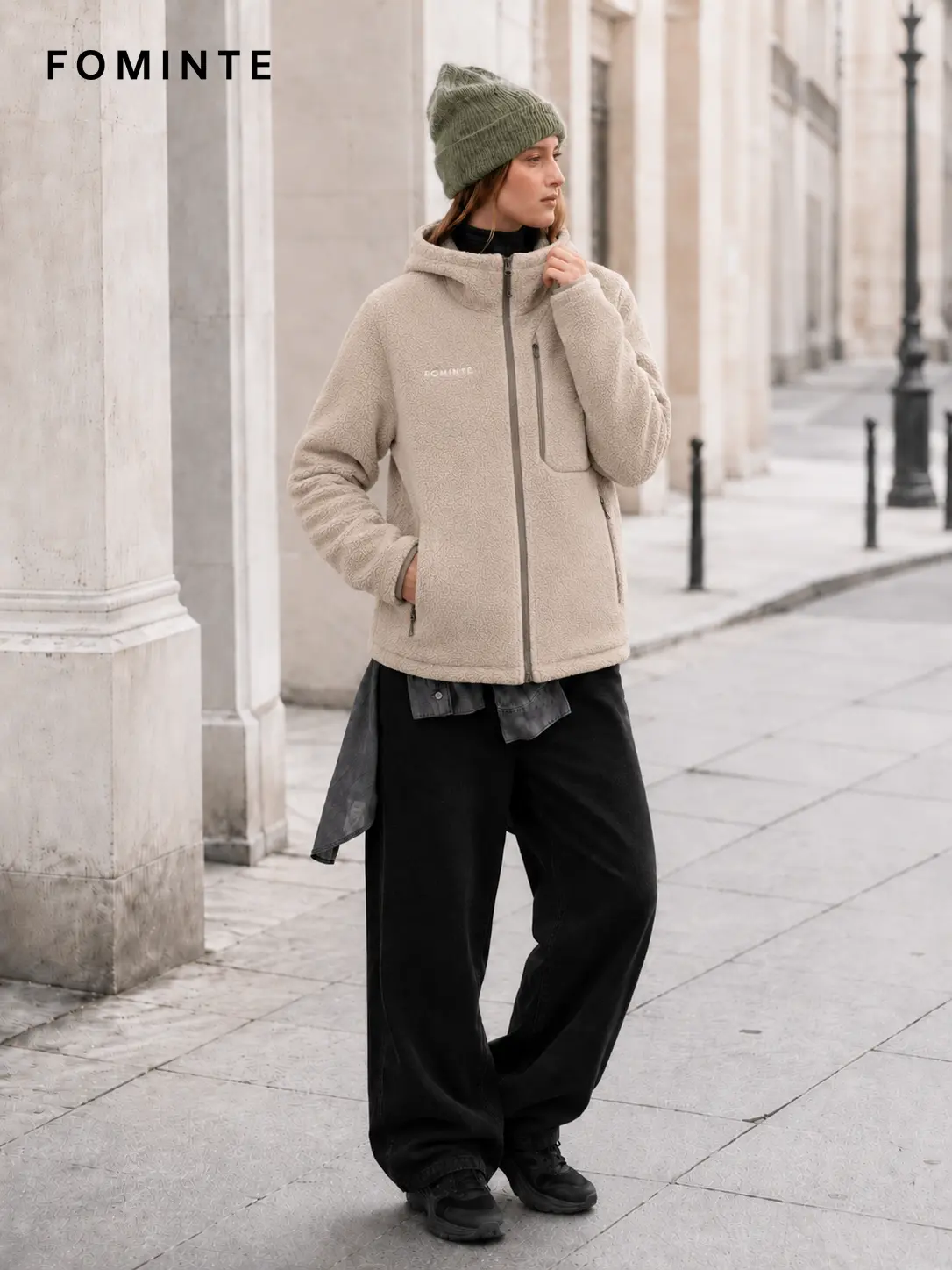 Men's Beige Coffee Full-Zip Sherpa Fleece Hooded Jacket