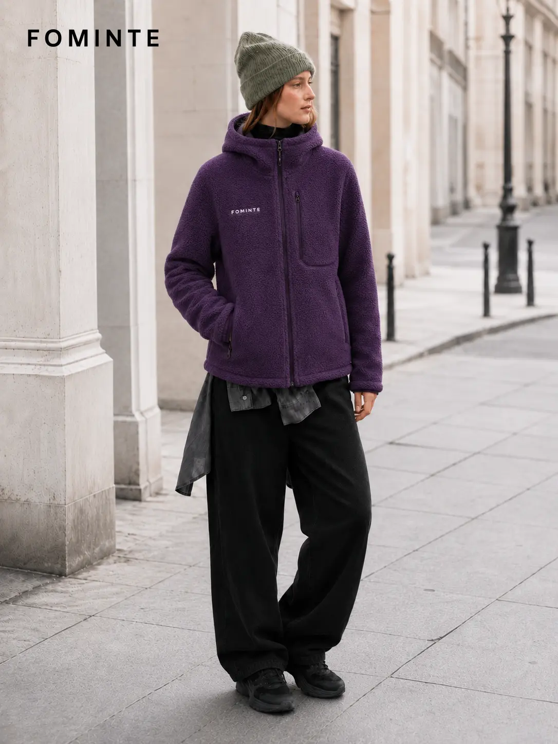 Men's Dark Purple Full-Zip Sherpa Fleece Hooded Jacket