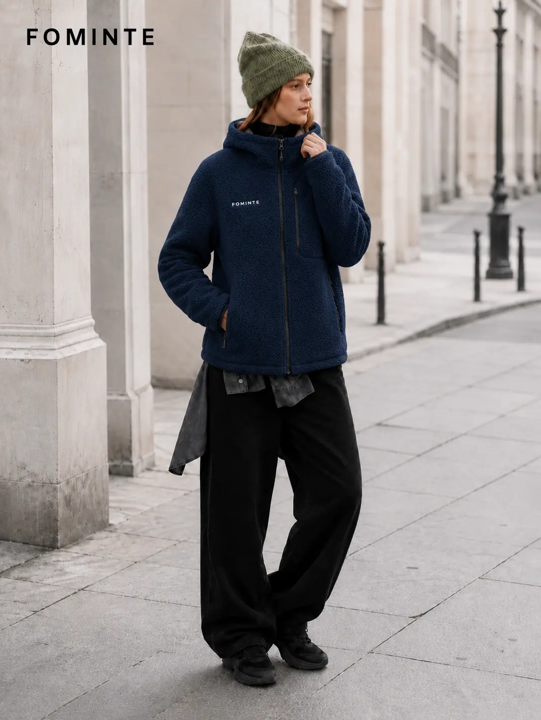 Men's Navy Blue Full-Zip Sherpa Fleece Hooded Jacket