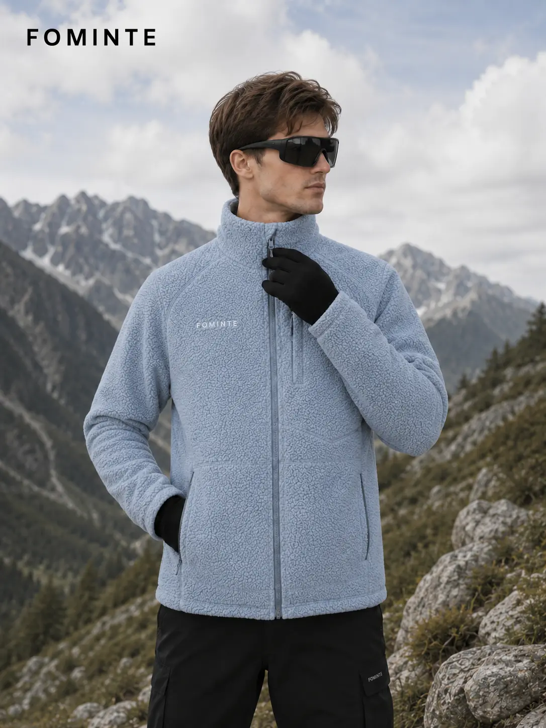 Men's Light Grey Blue Stand Collar Color-Block Fleece Jacket