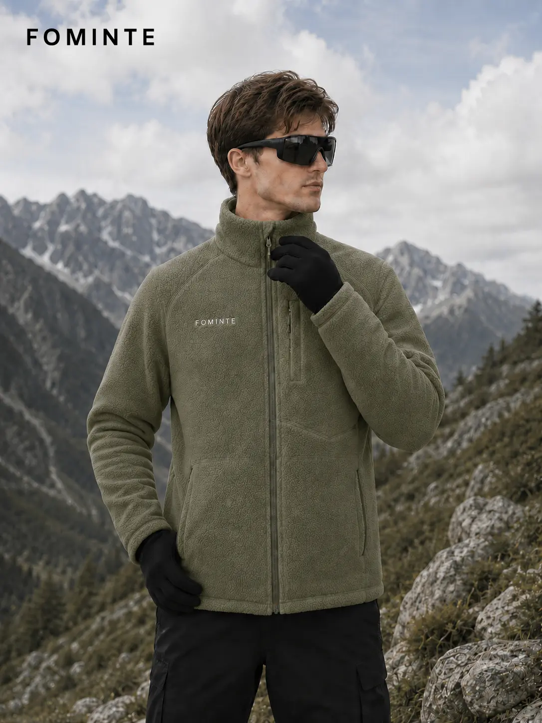 Men's Light Olive Green Stand Collar Color-Block Fleece Jacket