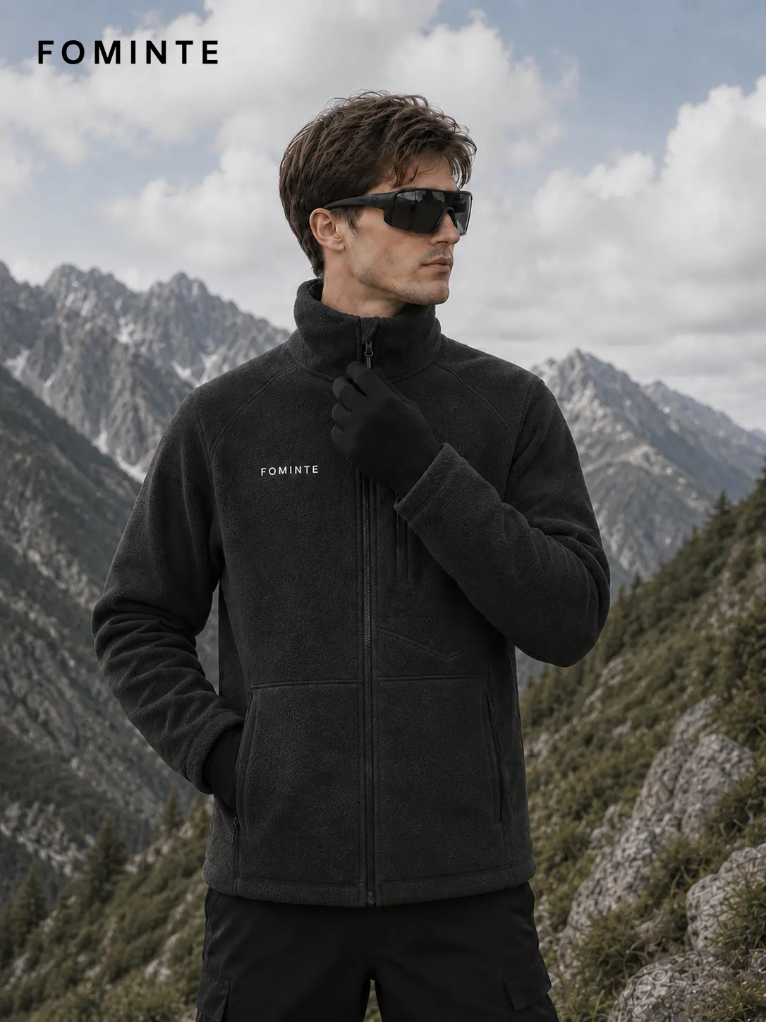 Men's Charcoal Black Stand Collar Color-Block Fleece Jacket