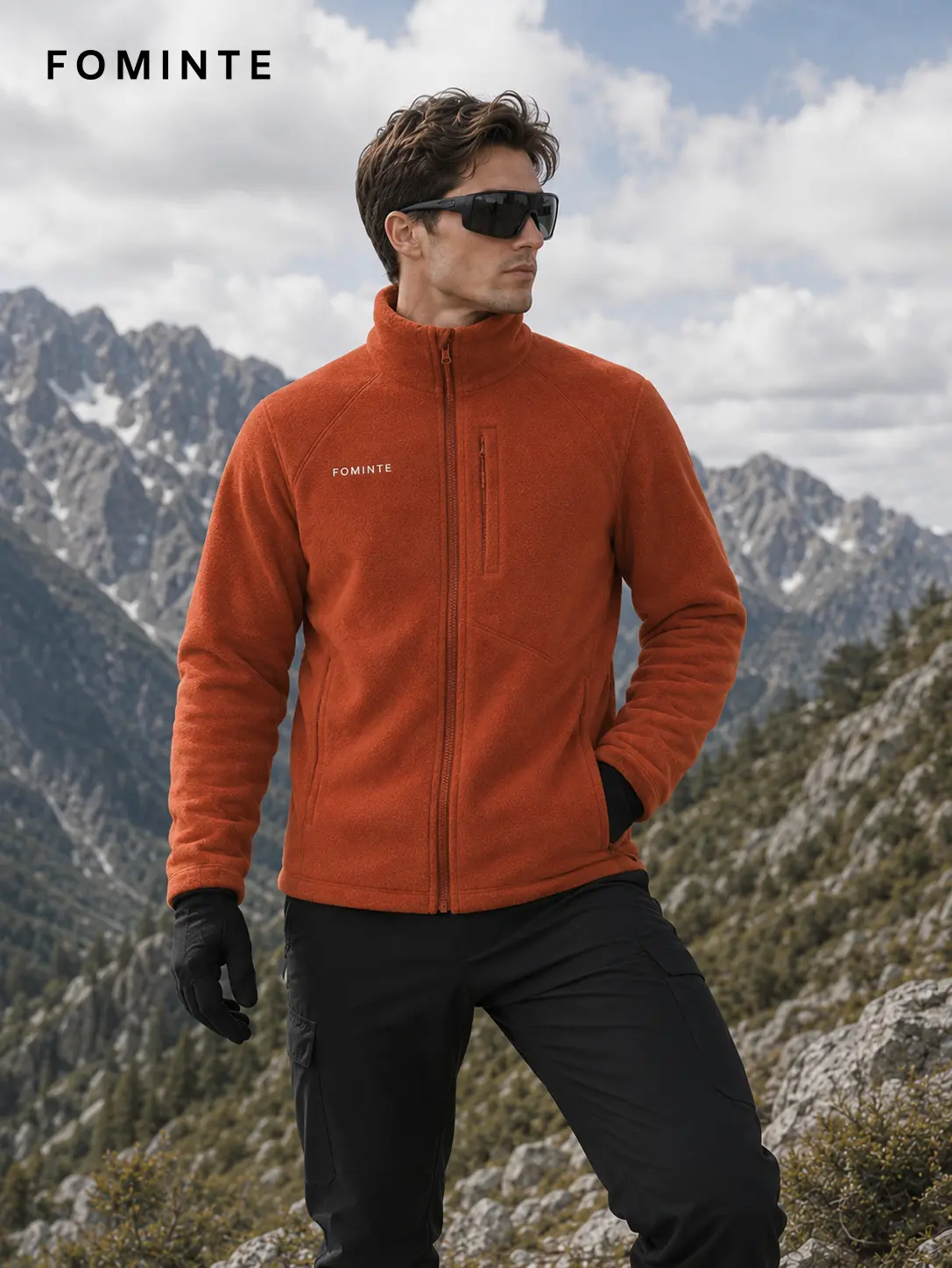Men's Vermilion Red Stand Collar Color-Block Fleece Jacket