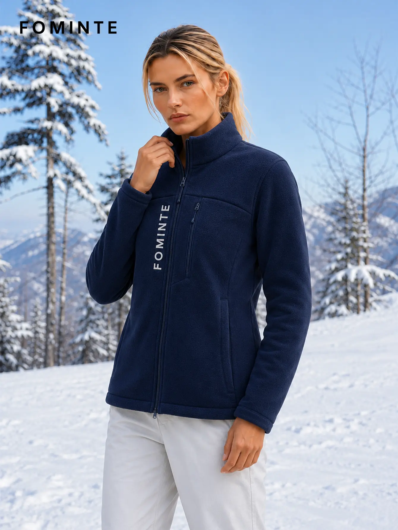 Women's Navy Blue Stand Collar Full-Zip Fleece Jacket