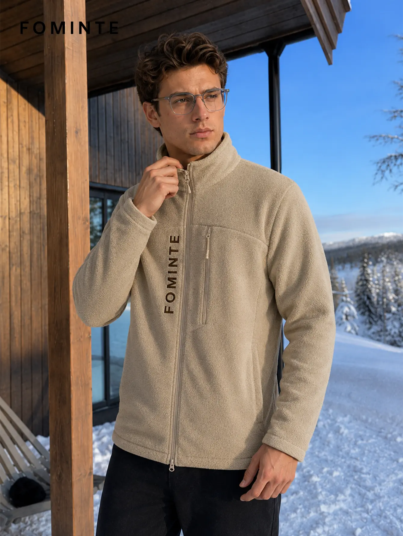 Men's Light Khaki Stand Collar Full-Zip Fleece Jacket