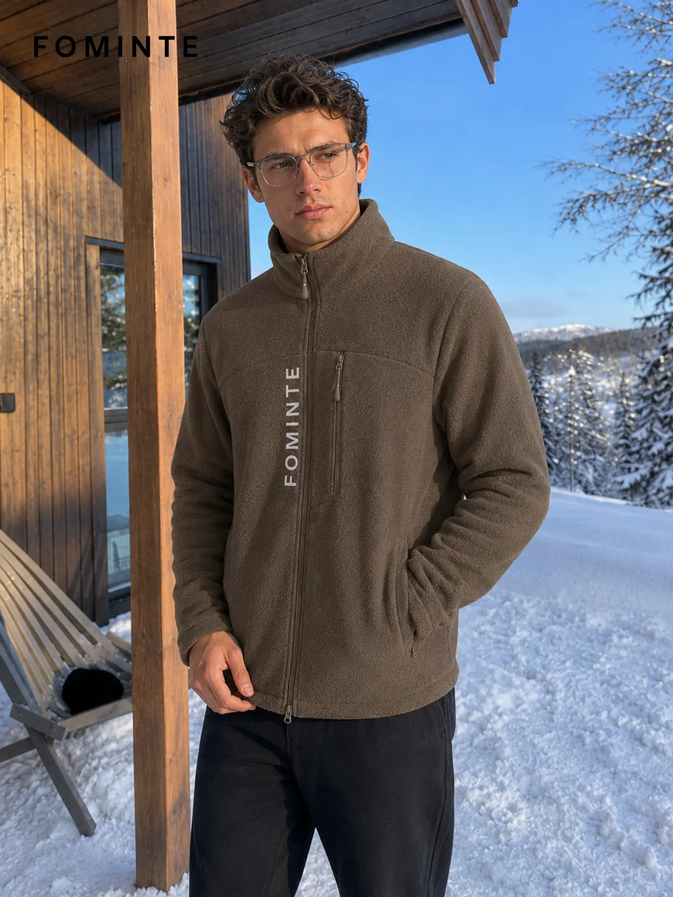 Men's Coffee Brown Stand Collar Full-Zip Fleece Jacket