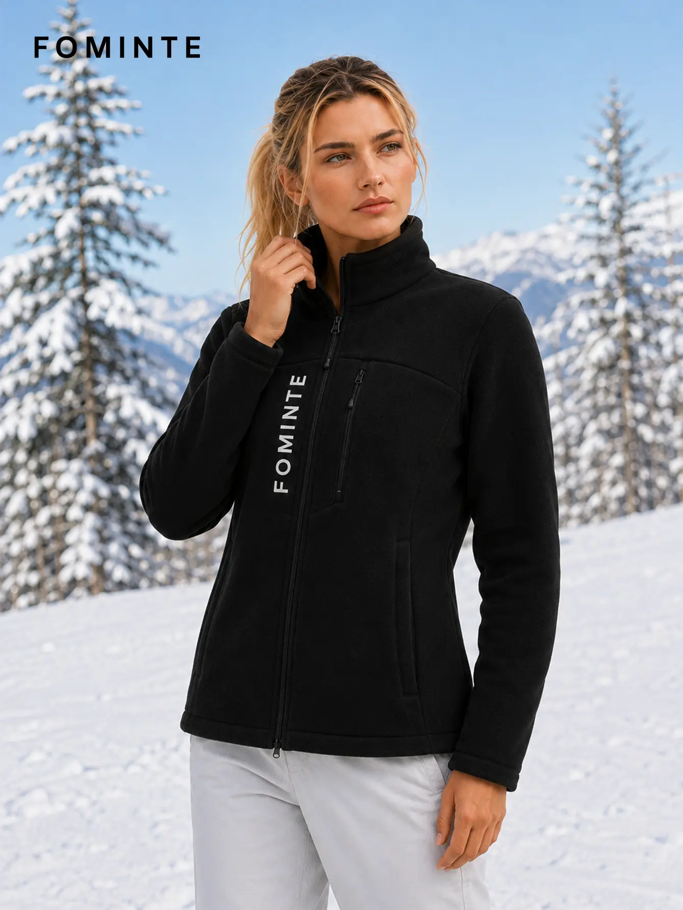 Women's Black Stand Collar Full-Zip Fleece Jacket